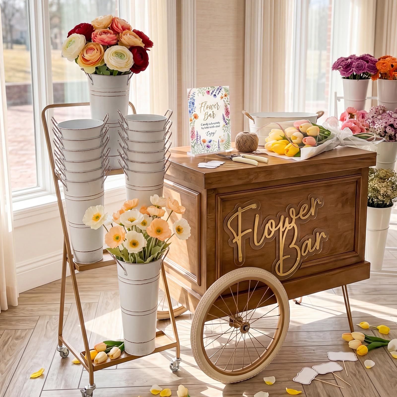 142 piezas de suministros de barra de flores con 12 cubos blancos, 100 bolsas de envoltura de flores, tijeras para letreros de flores, suministros de barra para boda, novia, graduación