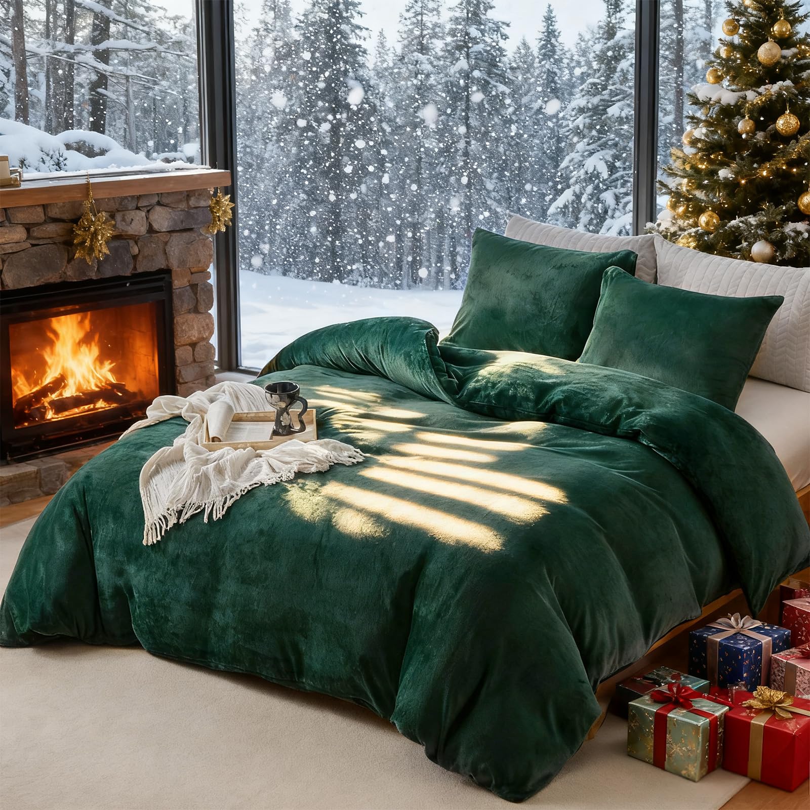 WARMDERN Emerald Green Milk Velvet Duvet Cover Set Oversized King Size