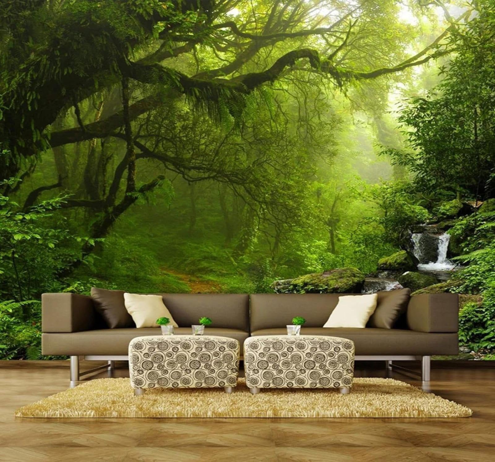 XLMING Fresh Green Forest Stream Scenery 3D Wallpaper Luxury Silk Study Dining Feature Sofa Grey Bedroom Living Room Tv Decorative Wall-200cm×140cm
