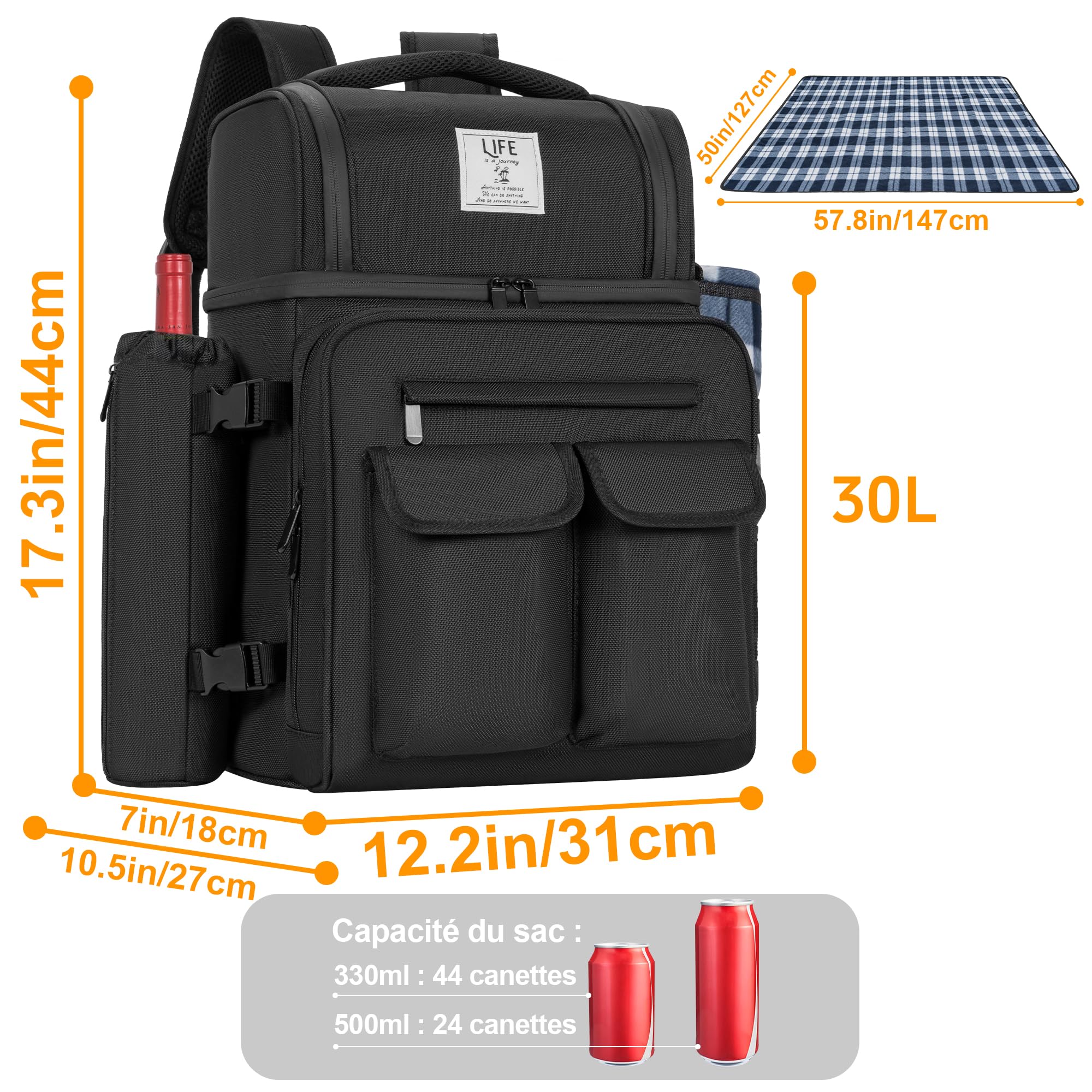 OUUTMEE 30L Sac à Dos de Pique-Nique pour 2 Personnes avec 2 Compartiments Réfrigérants Isolés et Étanches, Sac de Pique-Nique avec Vaisselle et Couverture, pour Plage, Camping, Randonnée (Noir)