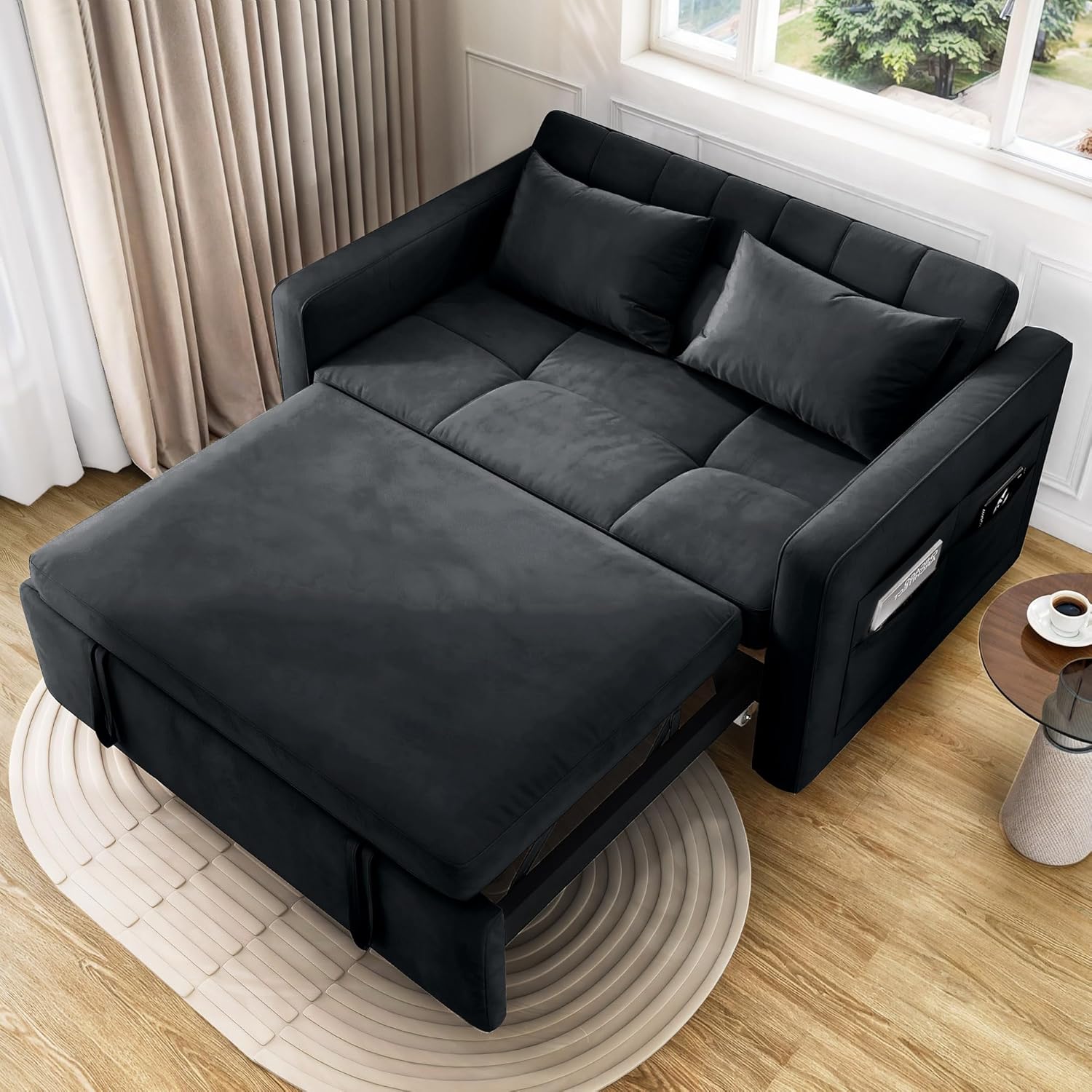 DWVO 55" Futon Couch, 3-in-1 Futon Sleeper with Pull-Out Bed, Convertible Sofa Bed with Adjustable Backrest and Side Pocket, Modern Loveseat Sleeper for Living Room, Black Velvet, Full Size