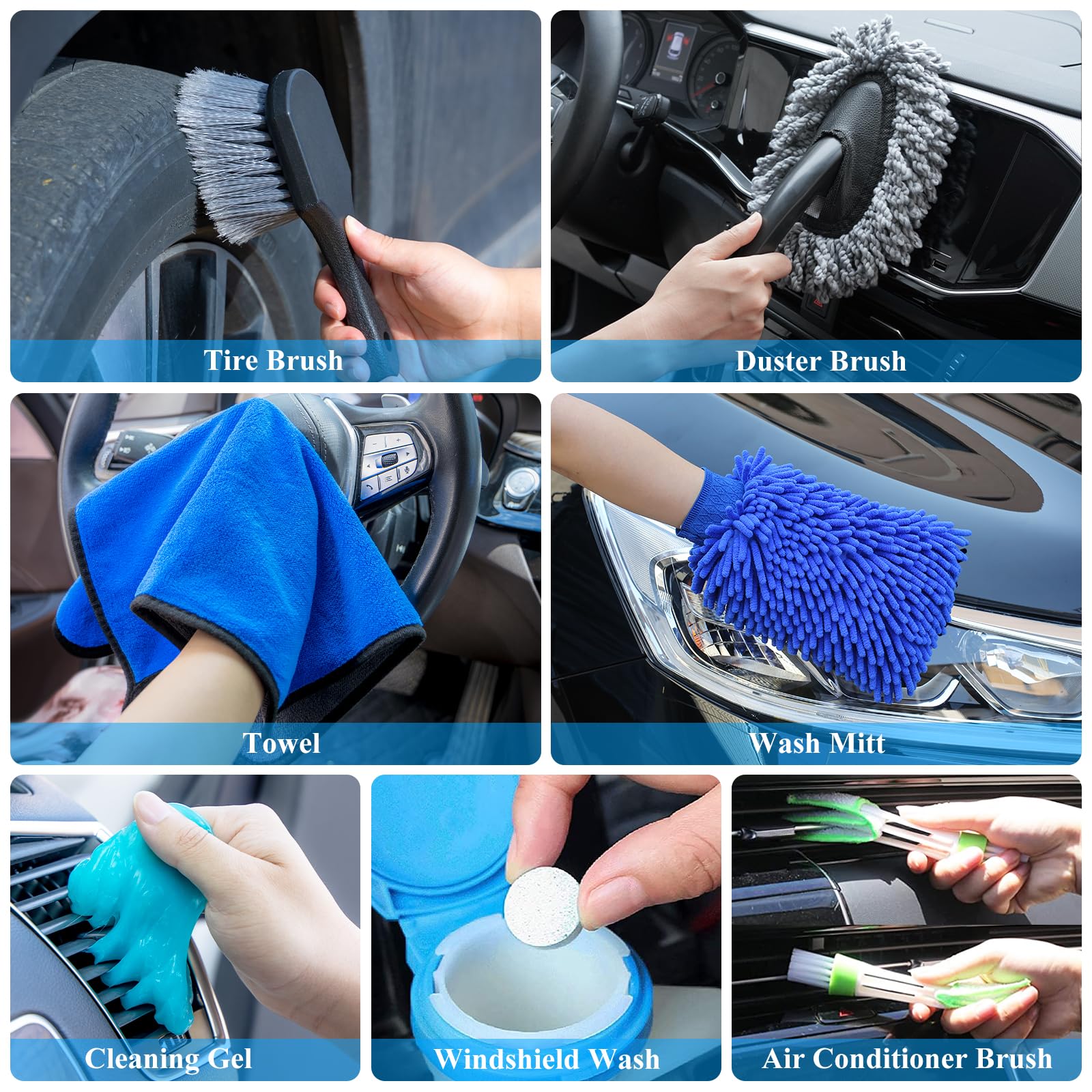 32Pcs Car Detailing Brush Set, Car Detailing Kit, Auto Detailing Drill Brush Set, Car Detailing Brushes, Car Wash Cleaning Tools Kit with Wash Mop for Interior, Exterior, Wheels, Blue