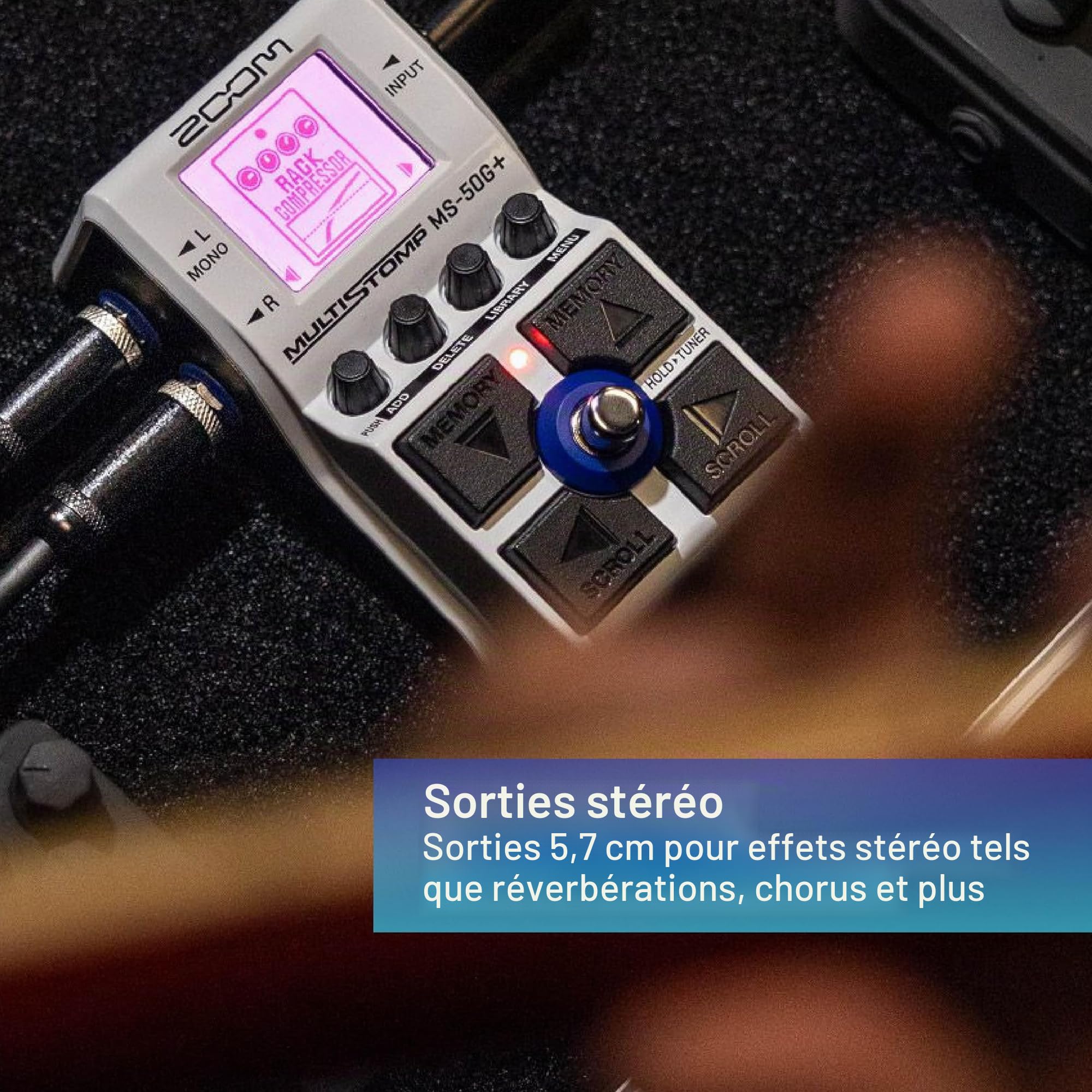 Zoom MS-50G+ MultiStomp, Multieffet pour guitare format pédale, sortie stéréo, 100 effets dont saturations, modulations, écho, réverbérations, compresseurs, wah, simulation d'ampli, accordeur et plus