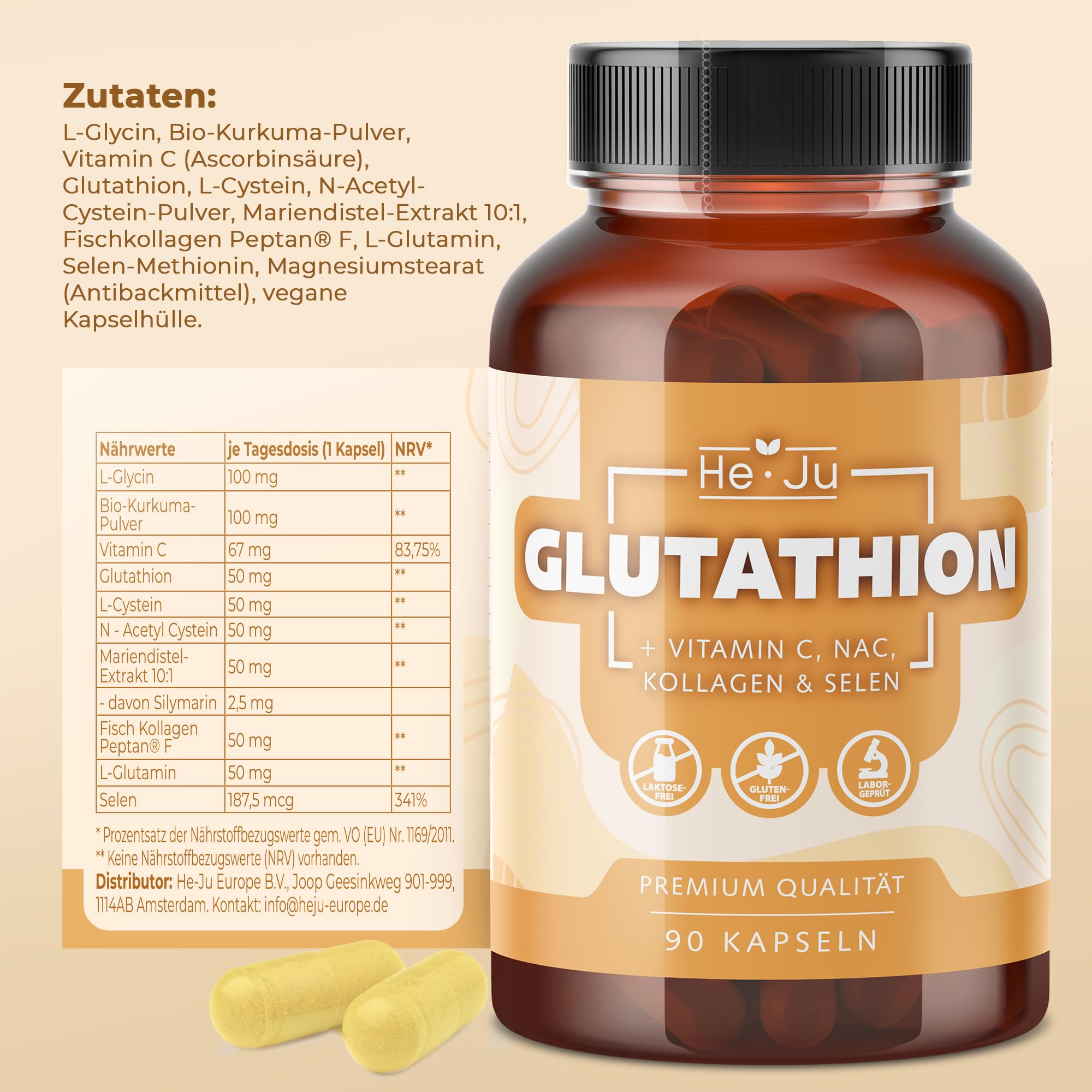 He-Ju Glutathione Capsules with Vitamin C, Collagen, NAC and Selenium, 90  Capsules Laboratory Tested, Gluten-Free and Lactose-free : Amazon.de:  Health & Personal Care