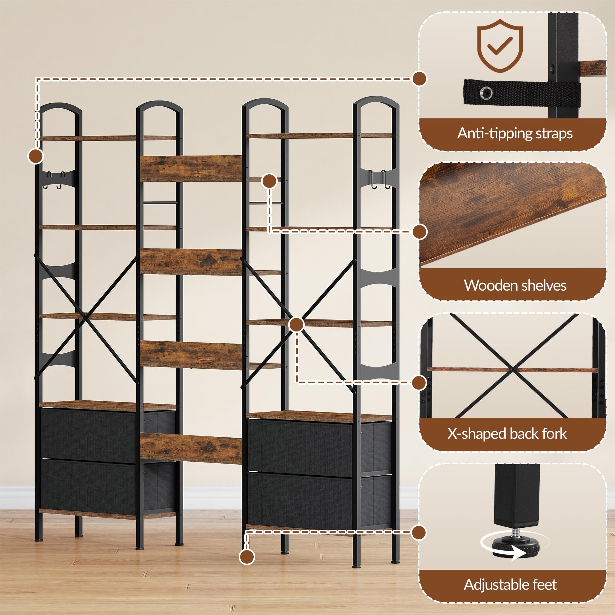 Librería, 158 x 24 x 166 cm, Marrón Rústico y Negro | Estantería con 12 Estantes y 4 Cajones de Tela, para Sala de Estar, Oficina en Casa y Estudio, FFSG002FX1