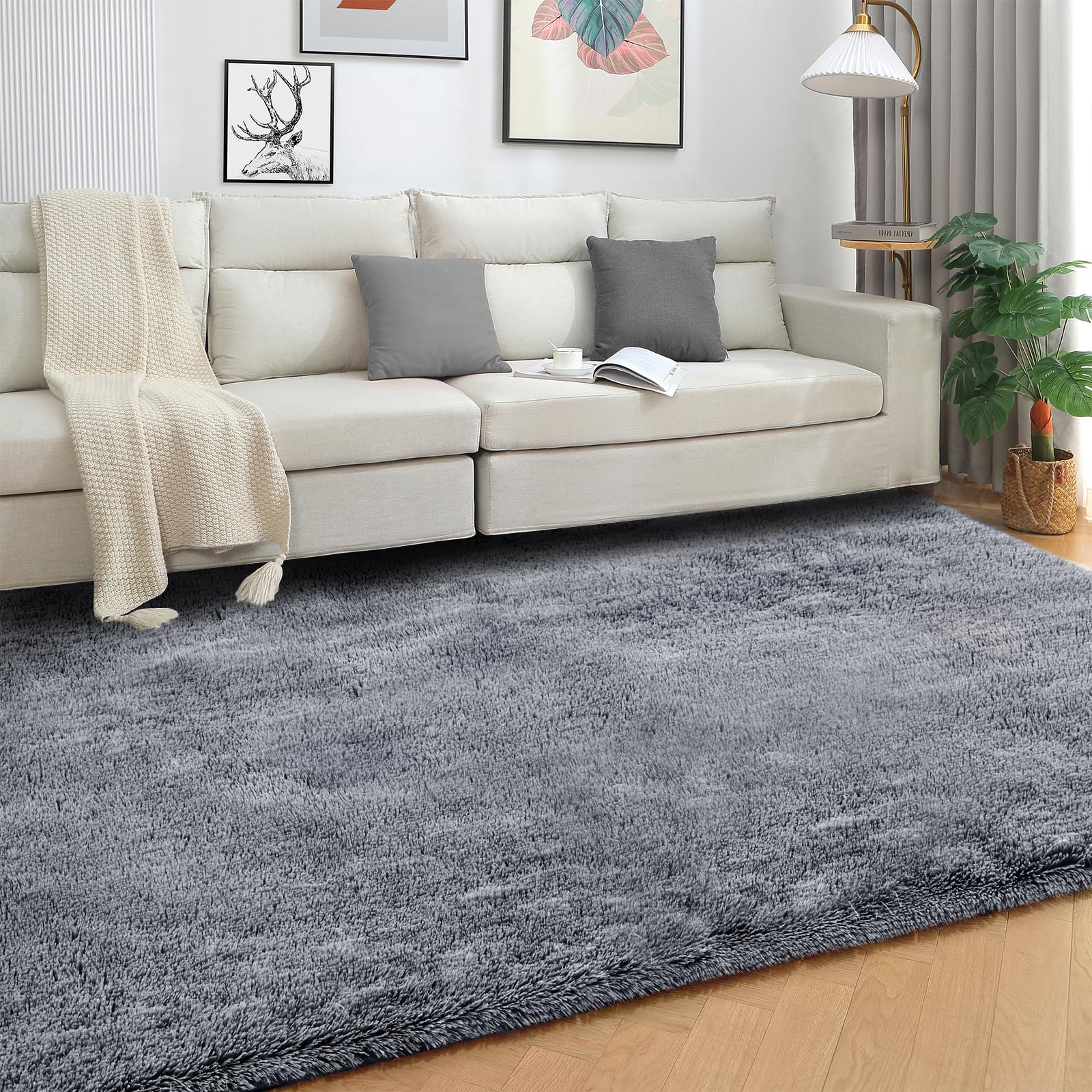 SOANNY Living Room Area Rug, Grey Small Soft Fluffy Shaggy Solid Carpet for Bedroom Dorm Bedside Lounge Office Non-Slip - Image 2