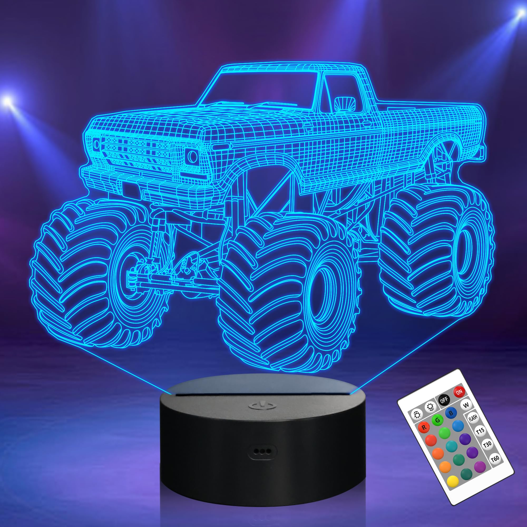 Lightzz Boys White Monster Trucks 3D Night Light For Kids Gifts, Car Model Illusion Night Lamp With 16 Colors Changing For Kids Bedroom Birthday Xmas Decor Gifts