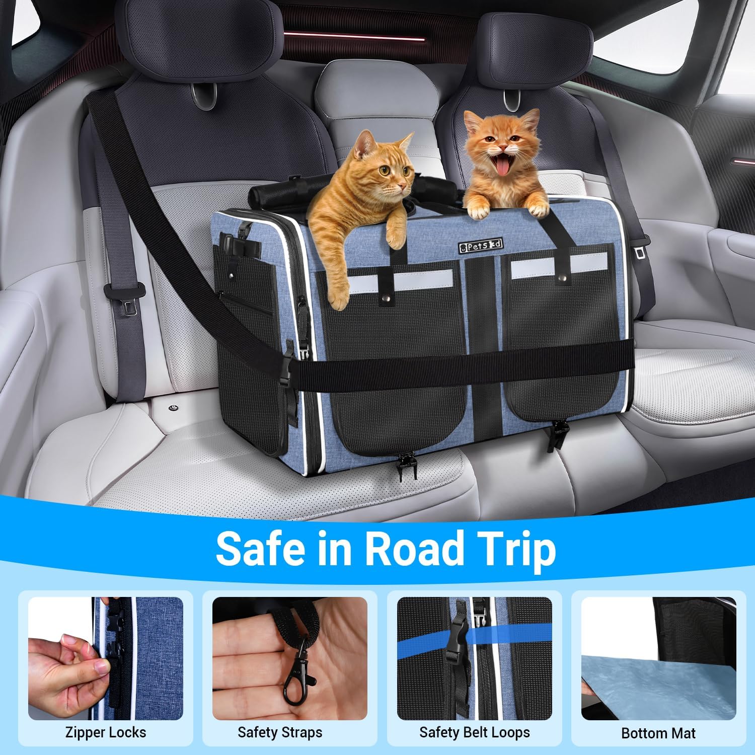Petskd Extra Large Double Pet Carrier with Wheels for 2 Cats or a Medium Dog, 24" X 17" X 15" Soft-Sided Rolling Cat Carrier for Vet, Car Travel, and Home Use, Support up to 40 Lbs, Blue