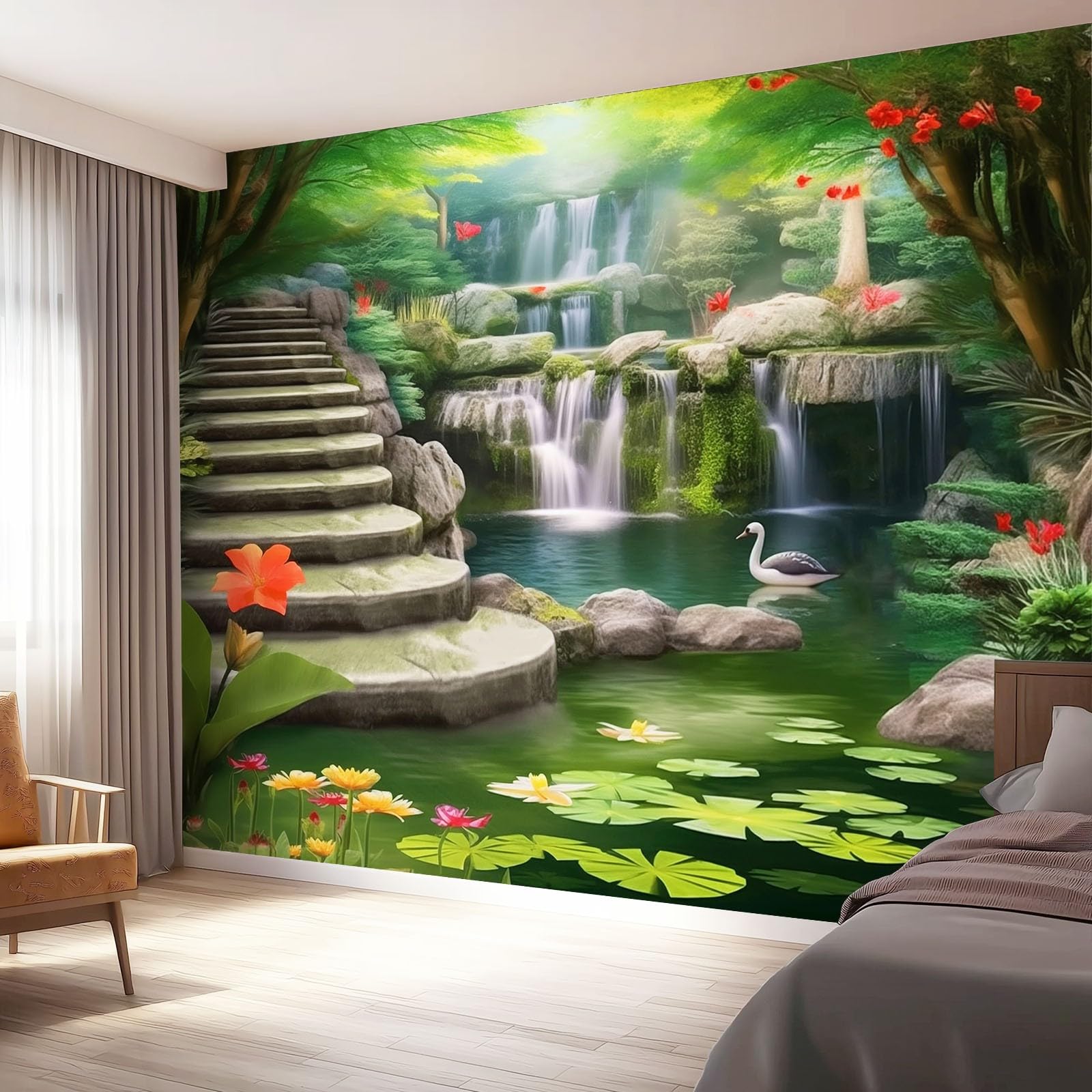 Tapeta 3D włóknina naturalna wodospad 3D 350 x 256 cm tapeta dekoracja ścienna do salonu sypialnia zielona