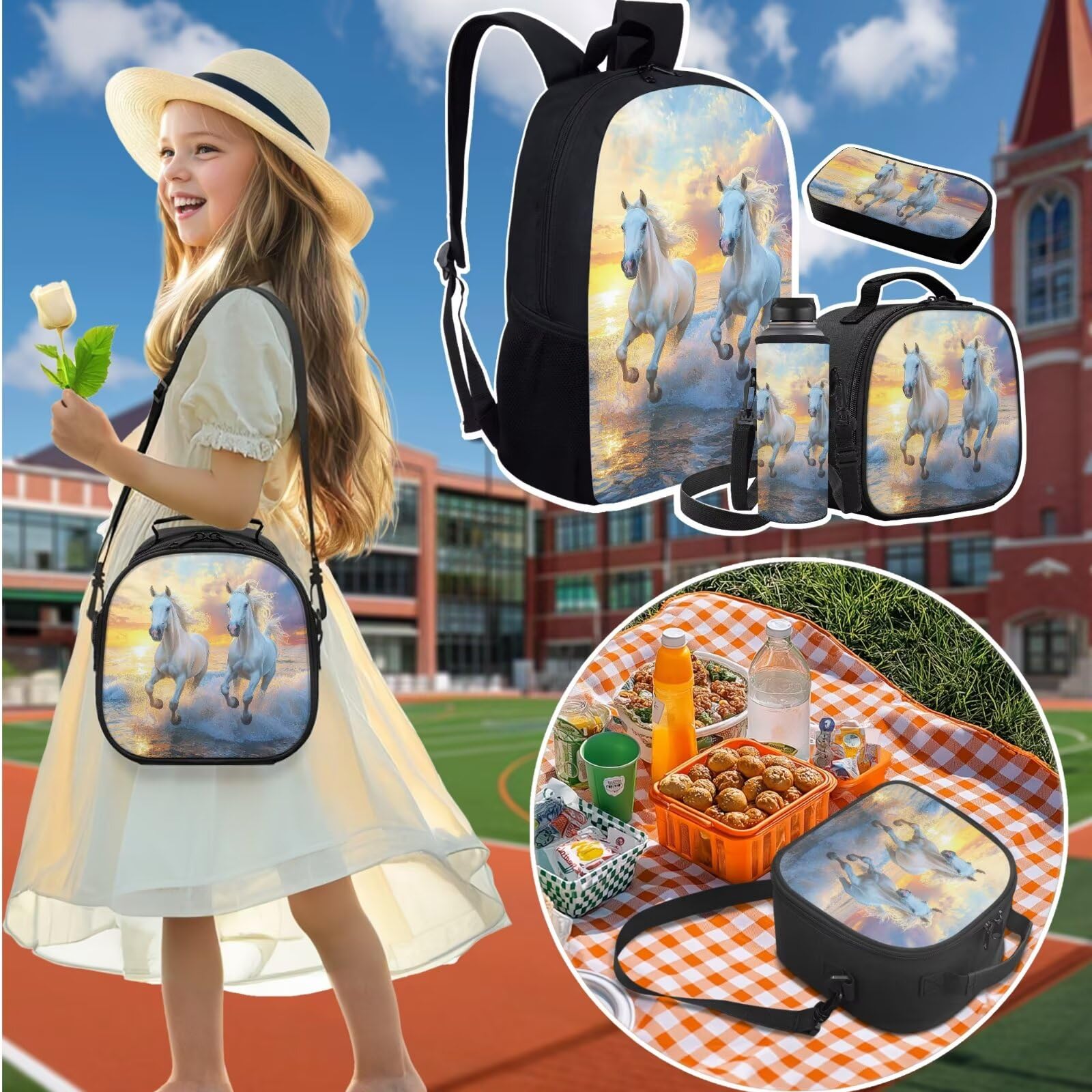 Juegos de mochilas escolares para niños con lonchera y botella de agua, mochila de viaje para niños y niñas, Estampado de caballo, Talla única