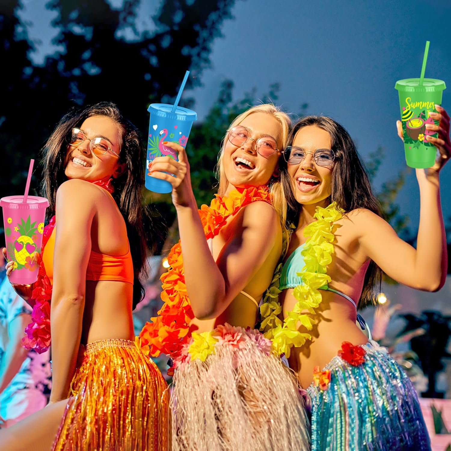 Kochorie 24 Pieces Hawaiian Plastic Cups with Lids and Straws 24 oz Reusable Party Cups Tumblers Bulk Iced Coffee Drinking Cups Water Bottle Travel Mug for Birthday - Image 6