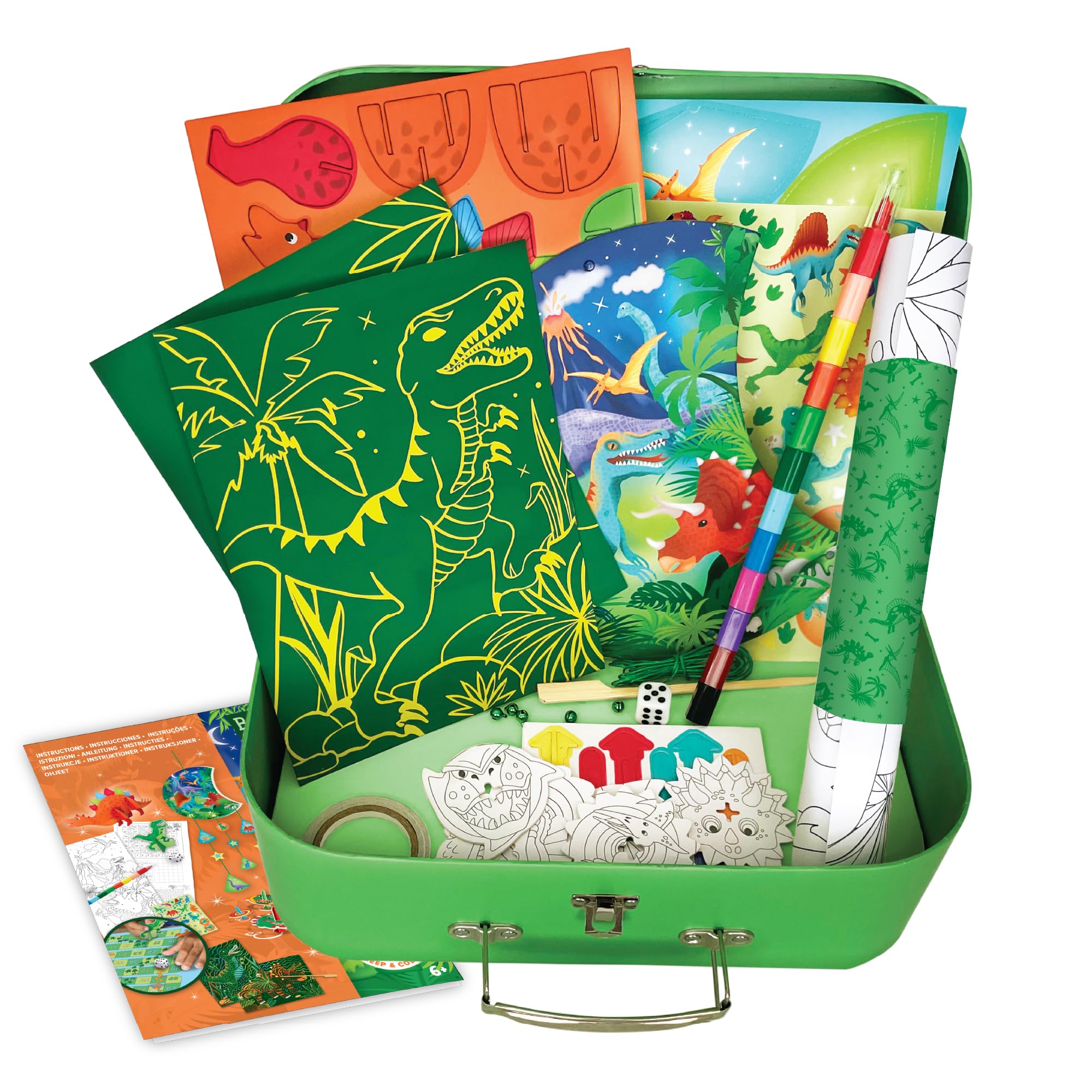 BOX CANDIY Dino Adventure Travel Craft Set - Colouring, Scratch Art, 3D Figures, Stickers & More in Suitcase