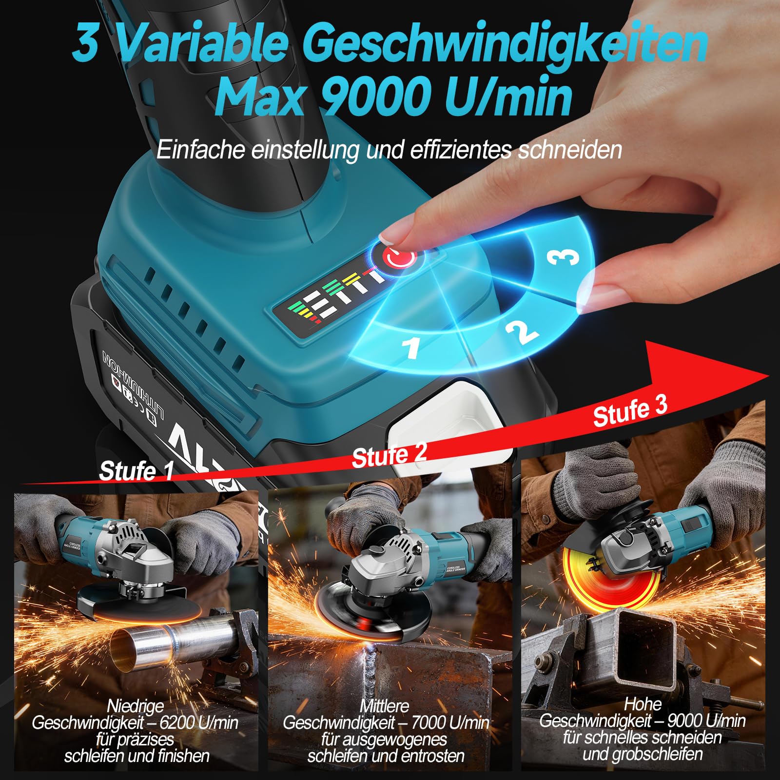 Yofuly Akku Winkelschleifer 125mm Kompatibel mit Makita 18V Akku, 3 Gang Drehzahlregelung 9000RPM, Akku Flex mit 2 * 4.0Ah Batterie, 2 Trennscheiben, 2 Fächerscheiben, 2 Schleifscheiben