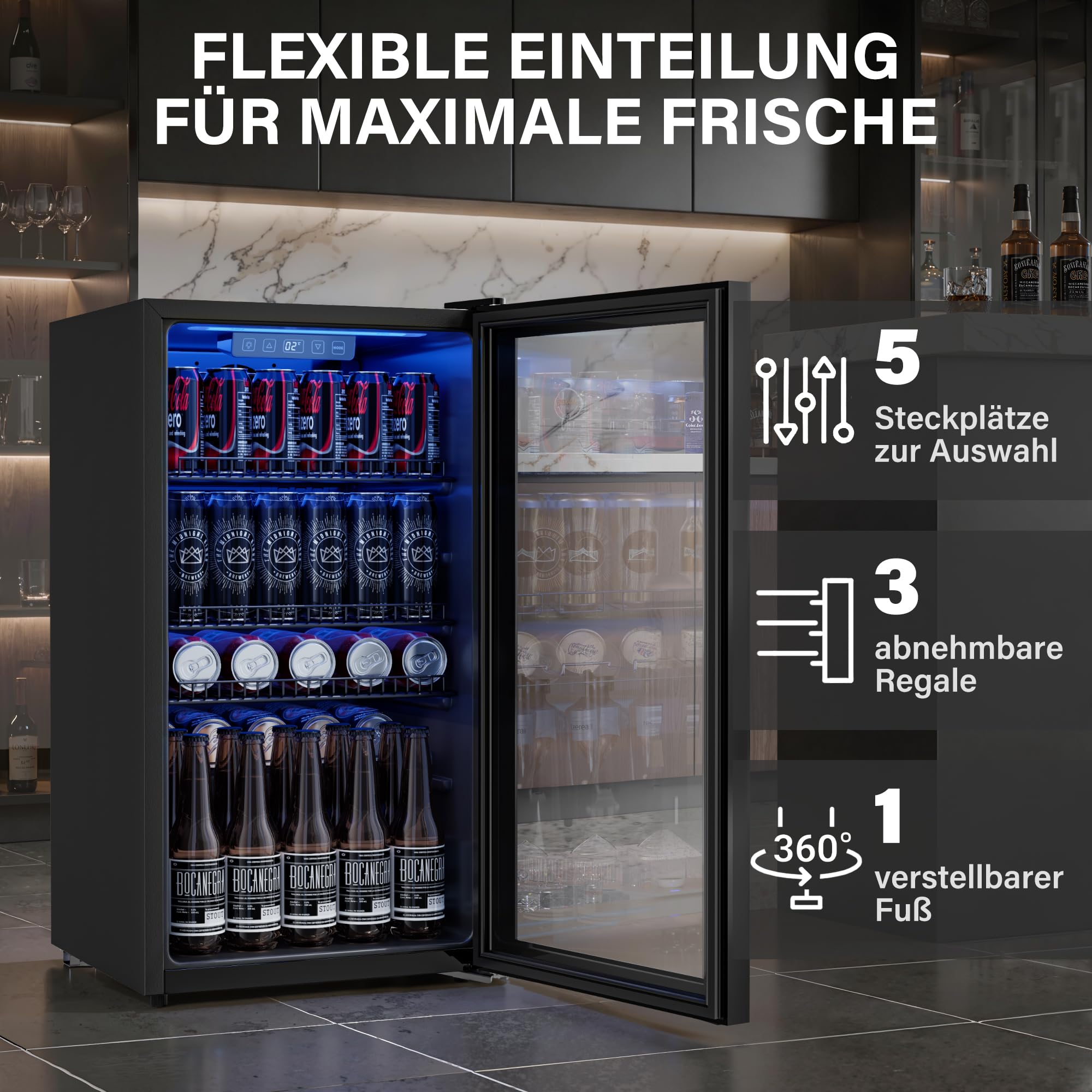 Airfish Getränkekühlschrank 90L Glasfront Mini-Kühlschrank verstellbare Regale 128 Dosen Bier Wein