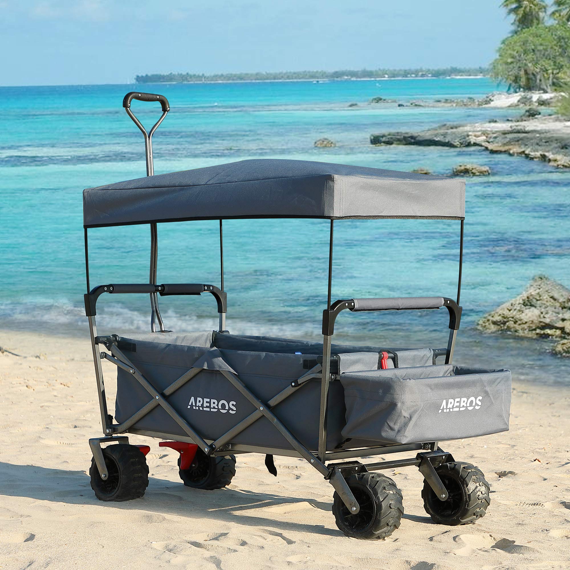 Arebos Carro de Mano con Techo | Carro Plegable | Carretilla Jardin | Carro Playa | 2X Bolsillos de Malla y 1x Bolsillo Exterior | Neumáticos de Goma Maciza | 100 kg | Gris