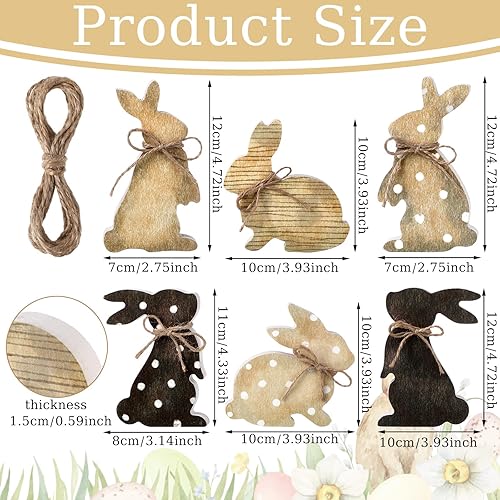 Miniatura 3 de Bememo 6 letreros de madera de conejo de Pascua con cuerdas, decoración de conejo en forma de lunares, conejo rústico, casa de campo, centro de mesa