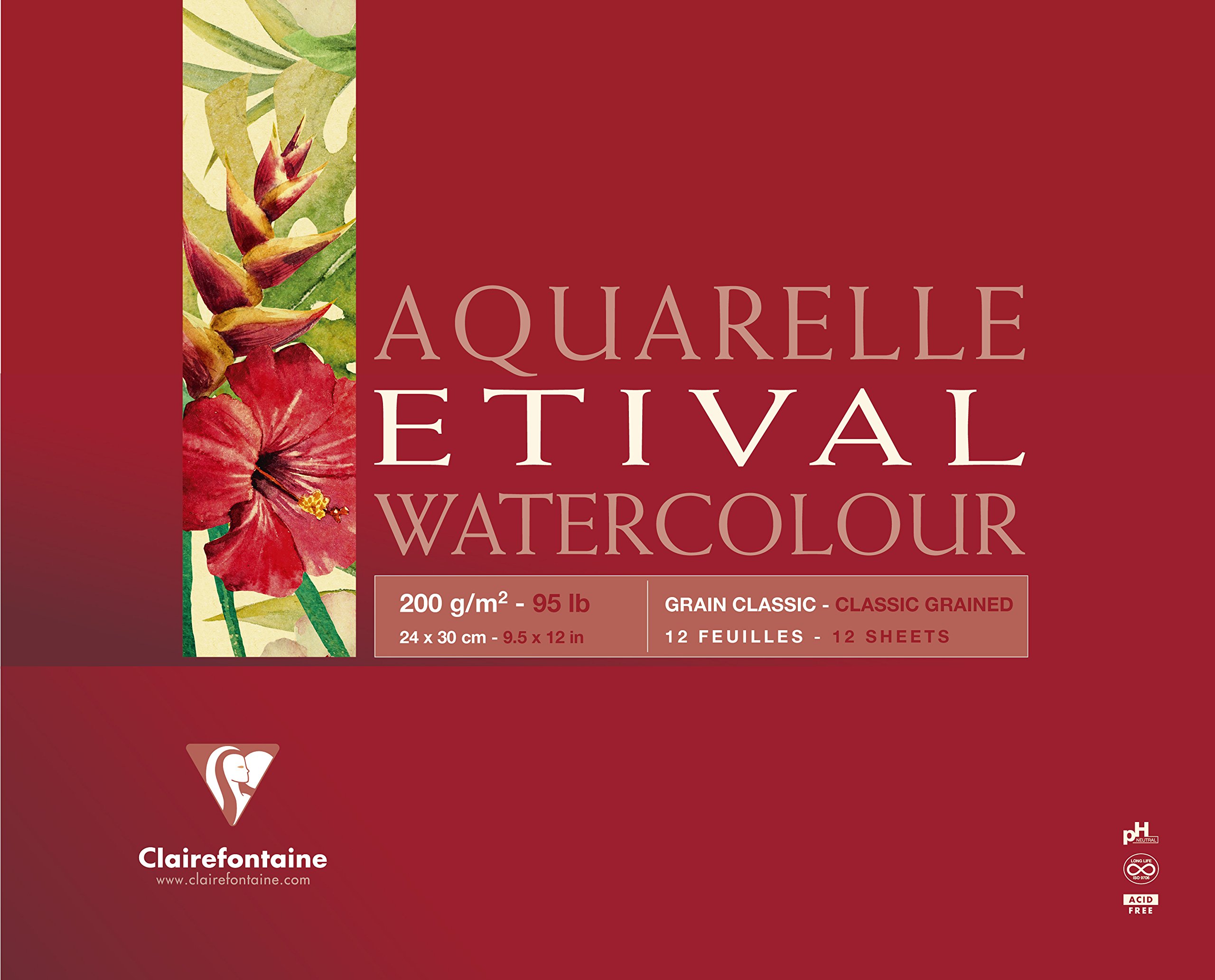 Clairefontaine, Ref 96381C, Etival Classic Grained Glued Watercolour Painting & Drawing Pad (10 Sheets of Paper), 36 x 48cm