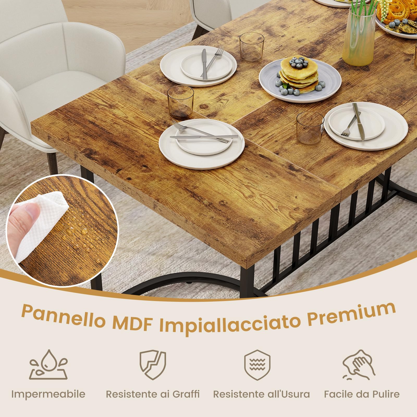 COSTWAY Tavolo da Pranzo 180 x 79 x 75 cm per 6-8 Persona, Tavolo Cucina Rettangolare in Legno con Struttura in Metallo, Mobile moderno per Sala da Pranzo e Ufficio, Capacità di Carico 135kg