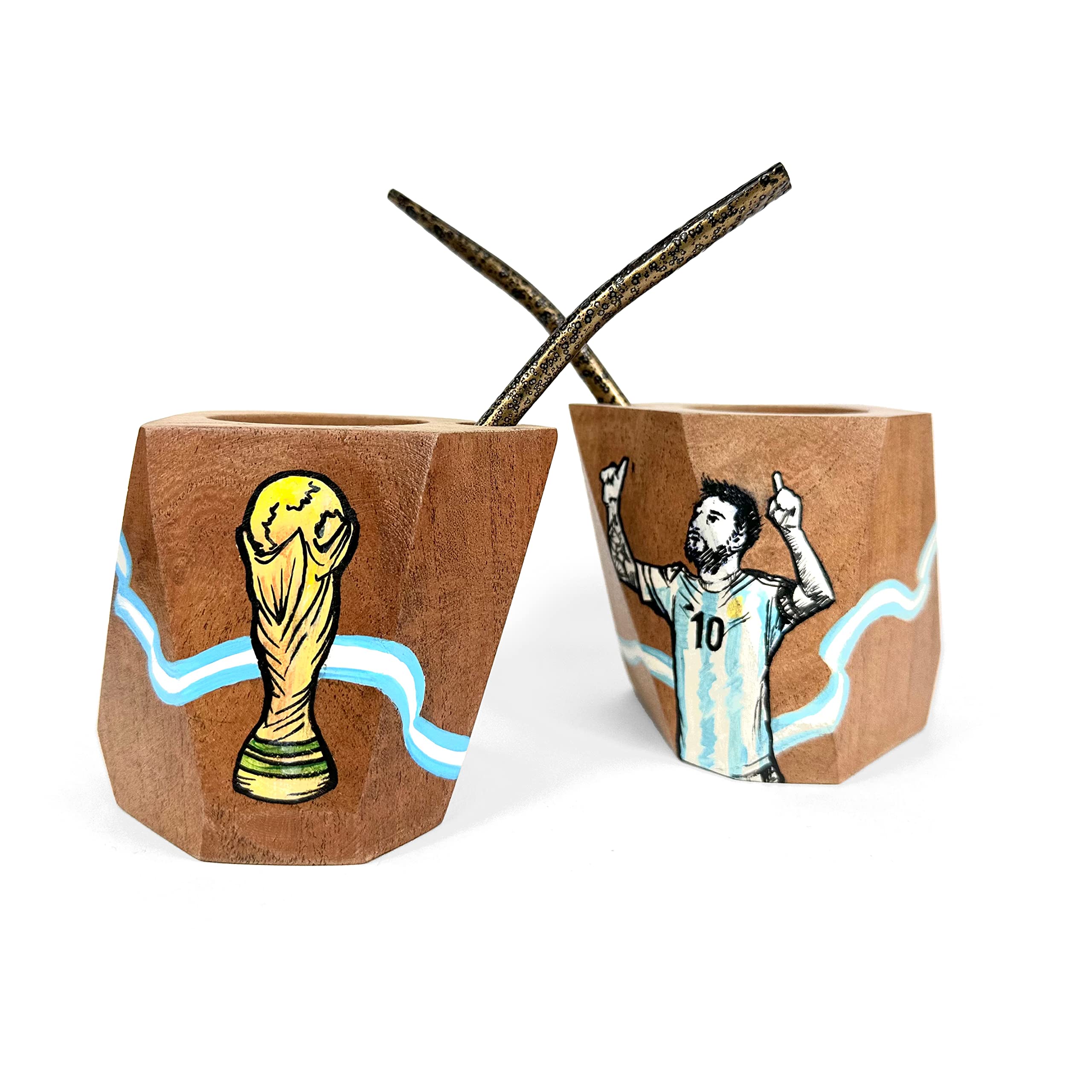 RAICES Mate Argentino Geométrico PAJARITO. Madera de algarrobo 100% artesanal, pintado y tratado a mano (MESSI), incluye bombilla.