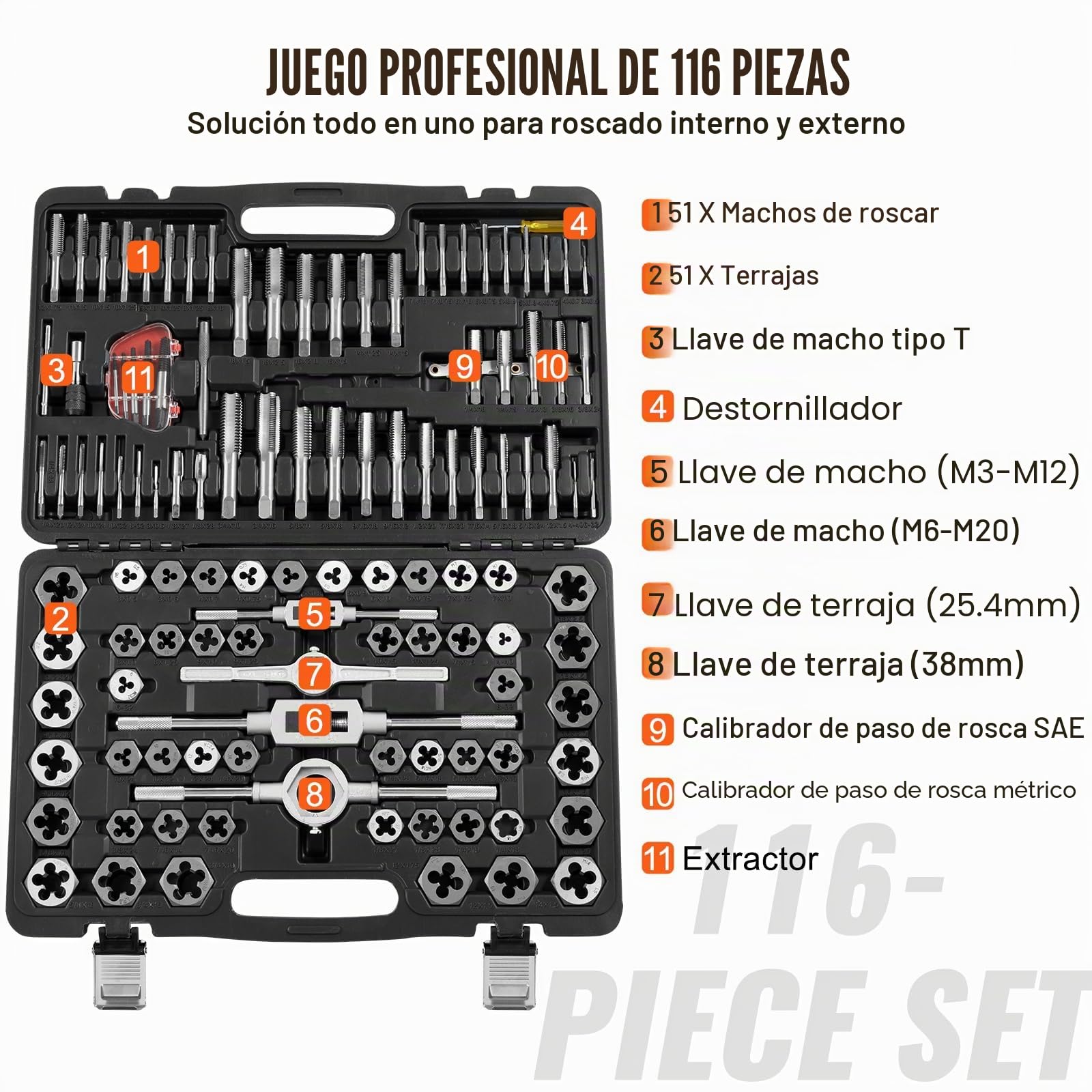 VEVOR Juego de Machos y Matrices 116 PCS Métrico M3-M18 Kit de Roscado y Roscado de Acero SAE Maletín de Transporte Herramientas para Roscado y Roscado Construcción Reparación de Automóviles Plomería