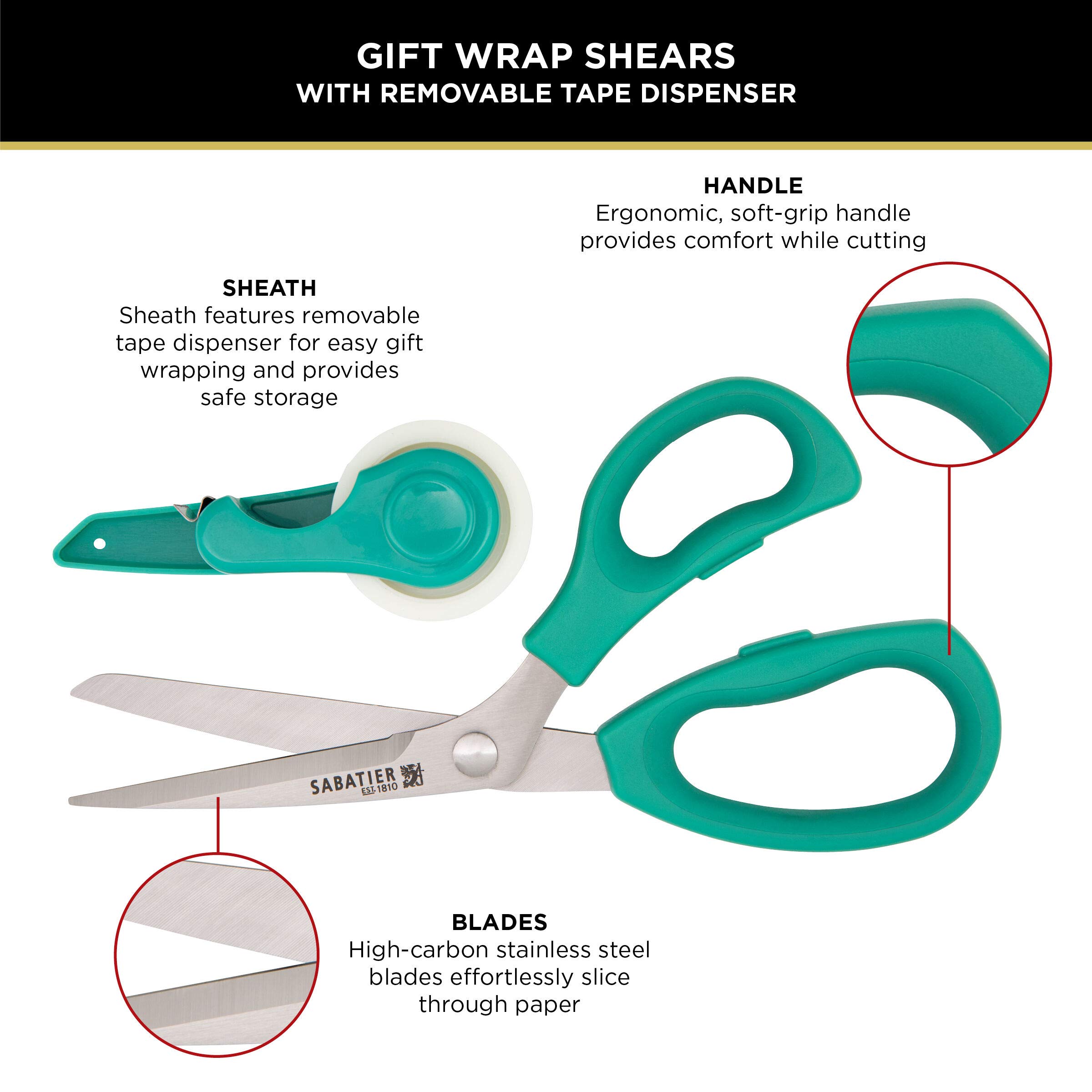Sabatier 2-in-1 Gift Wrap Scissors With Tape Dispenser - 11.4 Inch Ultra-Sharp Stainless Steel, Blue Handle, Includes Tape Roll 5 thumbnail image