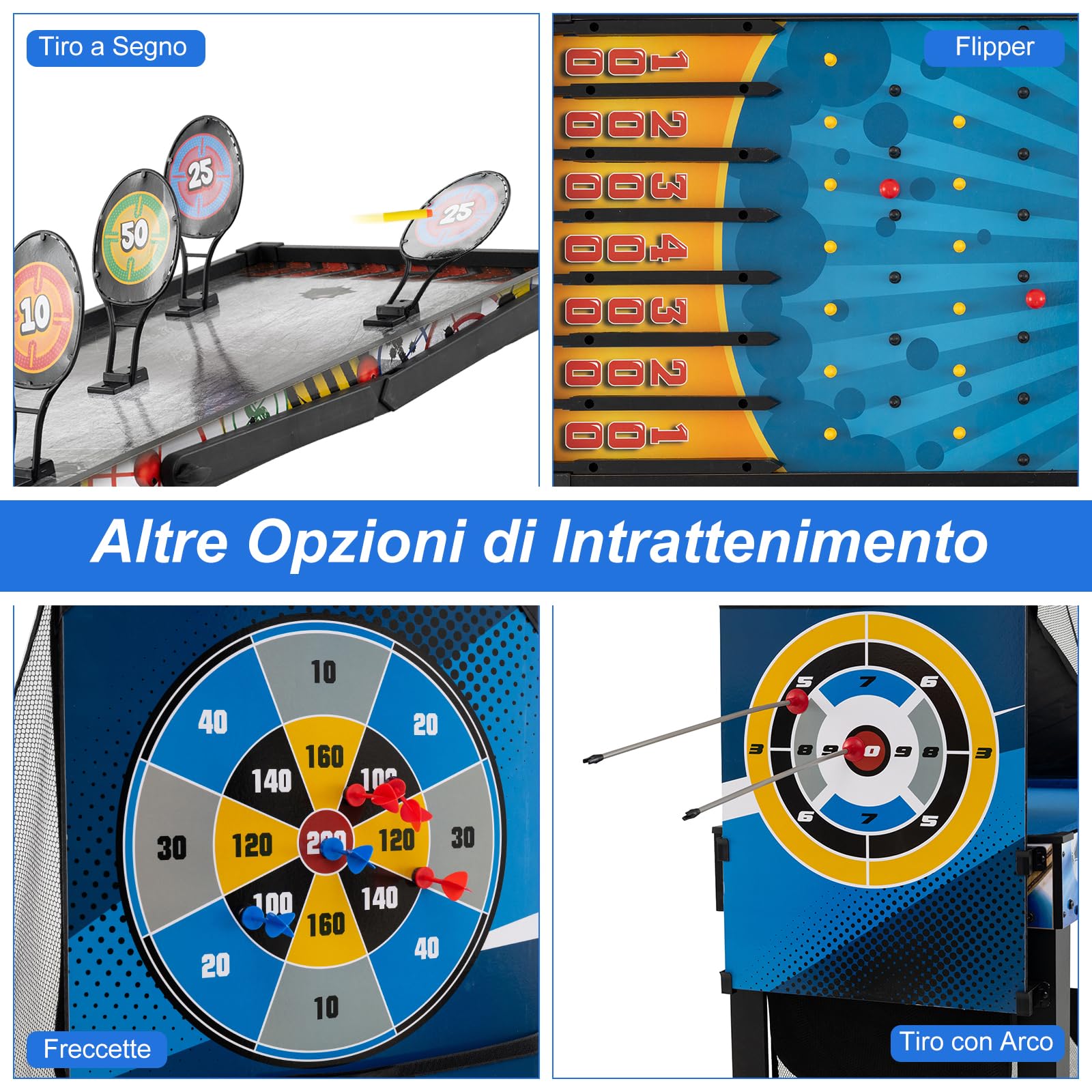 COSTWAY 10 in 1 Tavolo Multigioco, Set Tavolo da Gioco Multifunzione con Biliardo, Hockey, Ping Pong, Basket, Calcio, Tiro, Flipper, Freccette, Tiro con l'Arco e Borsa, Impilabile, 106 x 51 x 148 cm