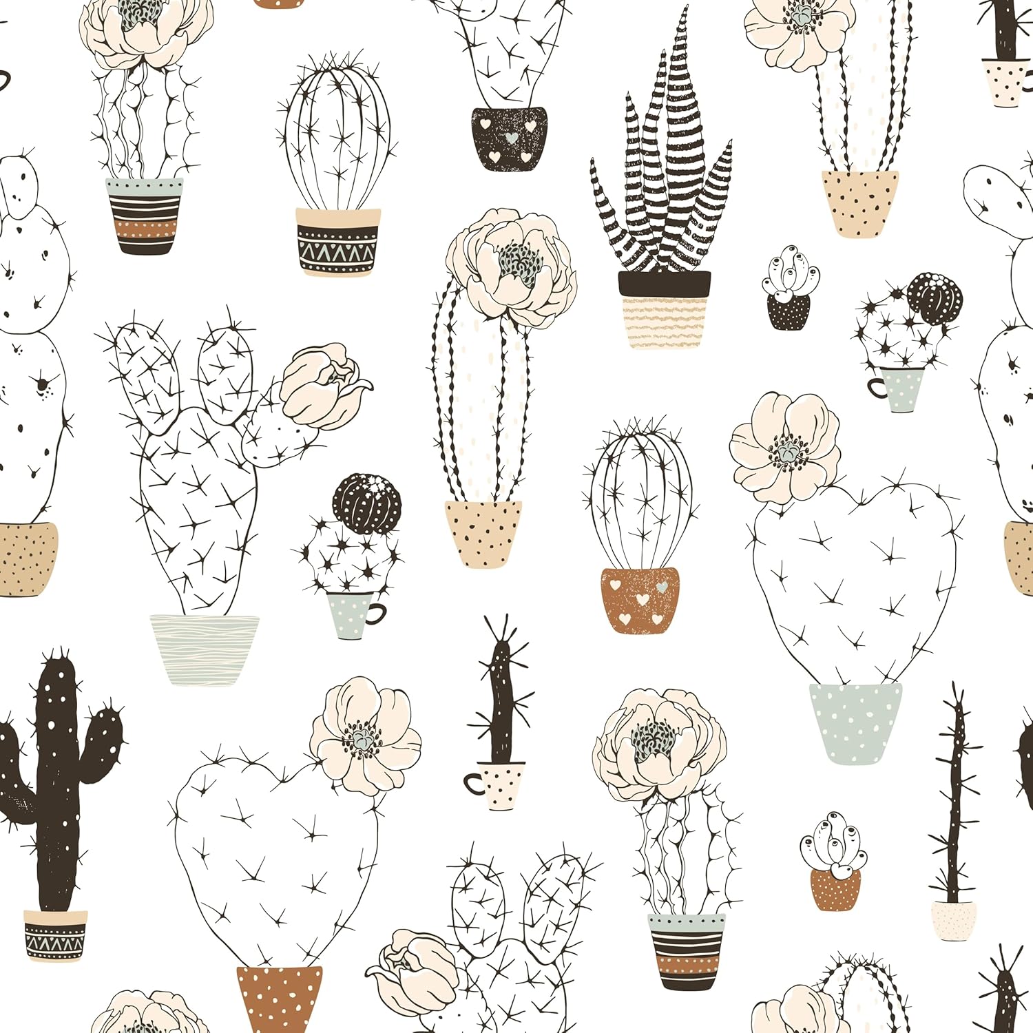 Black and White Cactus Peel and Stick Wallpaper, 17.71in X 236.2in Self Adhesive Removable WallPaper Beige Florals Contact Paper Waterproof Decorative Wallpaper Vinyl Wallpaper for Bedroom Nursery