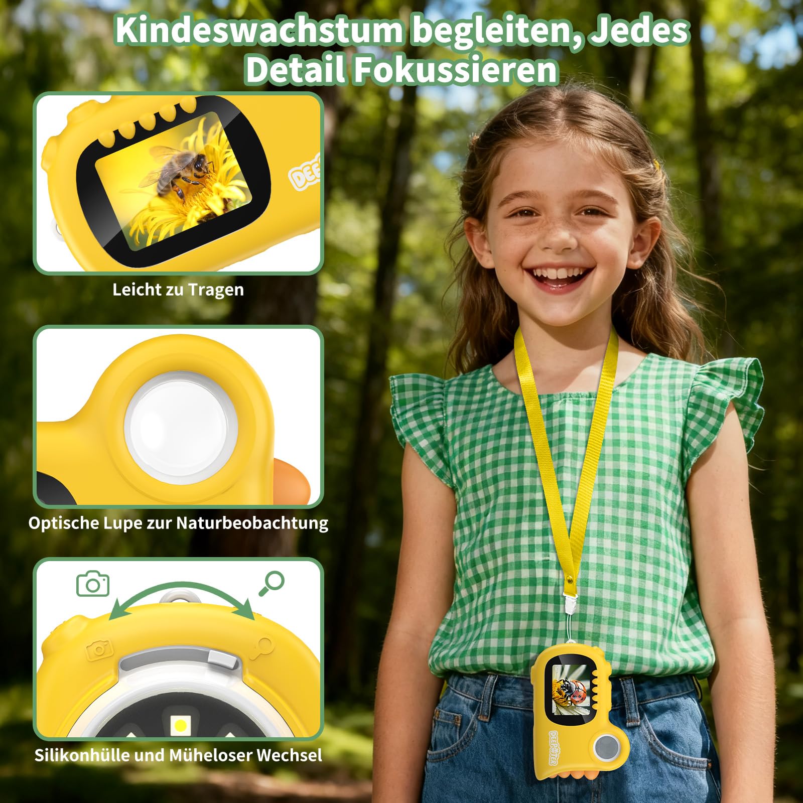 2 in 1 Mikroskop für Kinder 3–12 Jahren, Gelb | 1000X Mikroskop Digital mit 2.0" IPS, Handy USB Mikroskop mit 8 LEDs, Taschenmikroskop für Weihnachten, Geburtstagsgeschenke