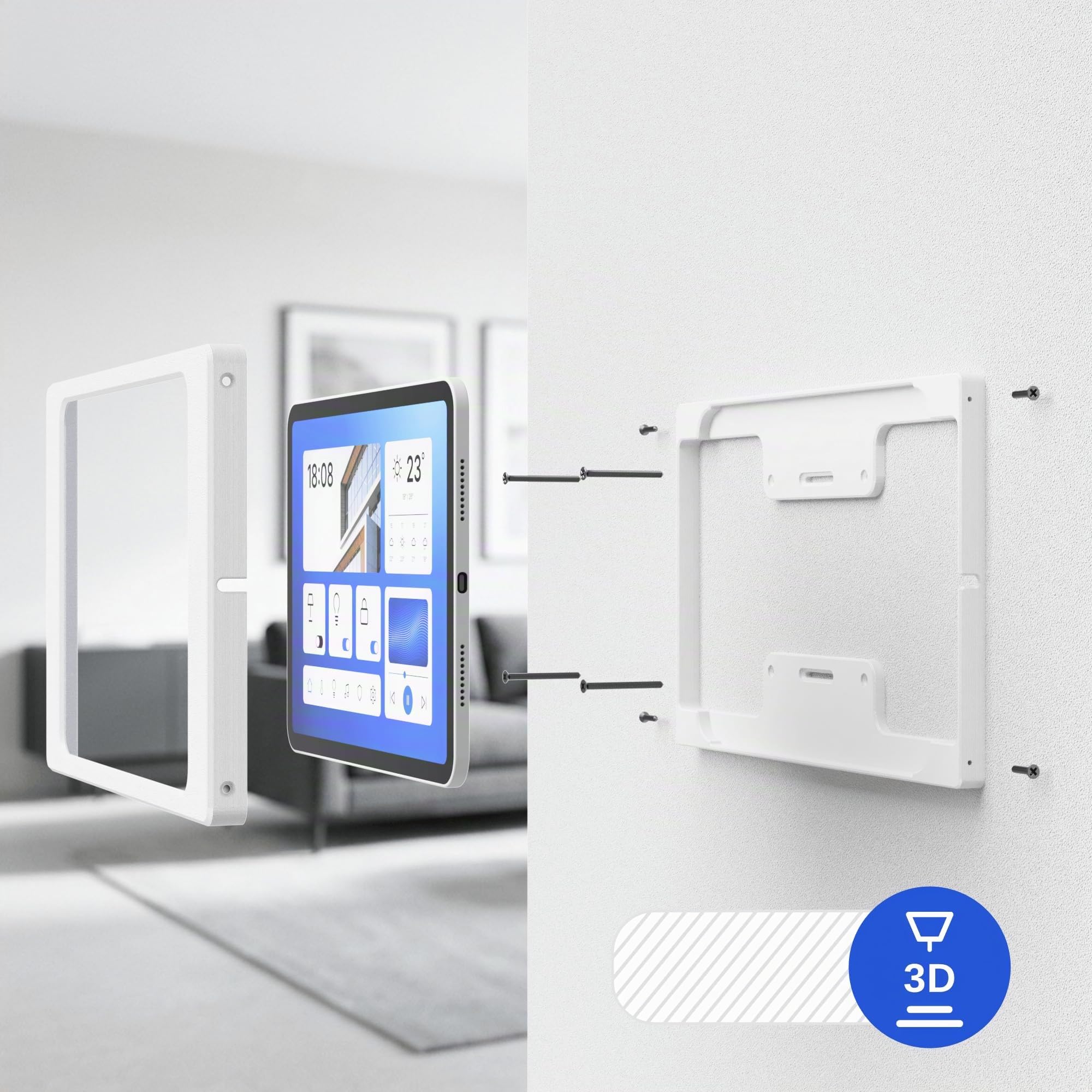 Support Mural Tablette pour Samsung Galaxy Tab A9 / A11 (8,7 Pouces) - Cadre Fin et sur Mesure pour Écran Domotique et Tableau de Bord - Montage Fixe avec Passe-Câble - Blanc