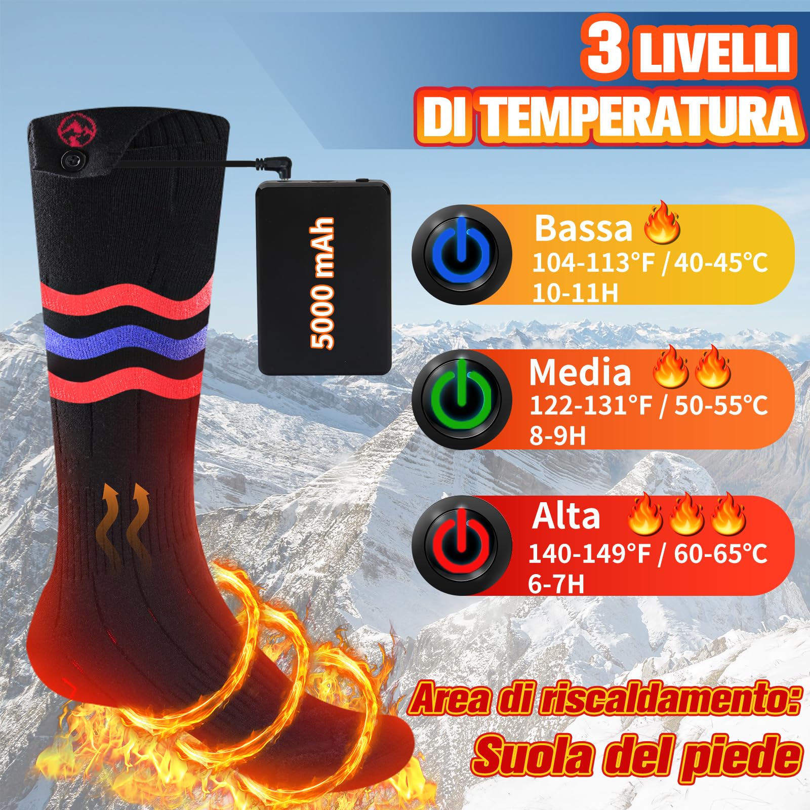 Multper Calze Riscaldate a Batteria per Uomo e Donna, 2×5000mAh Calze Termiche Ricaricabili, 3 Livelli di Calore, Calzini Termici Lavabili, Scaldapiedi Elettrico per Sport, Sci, Campeggio
