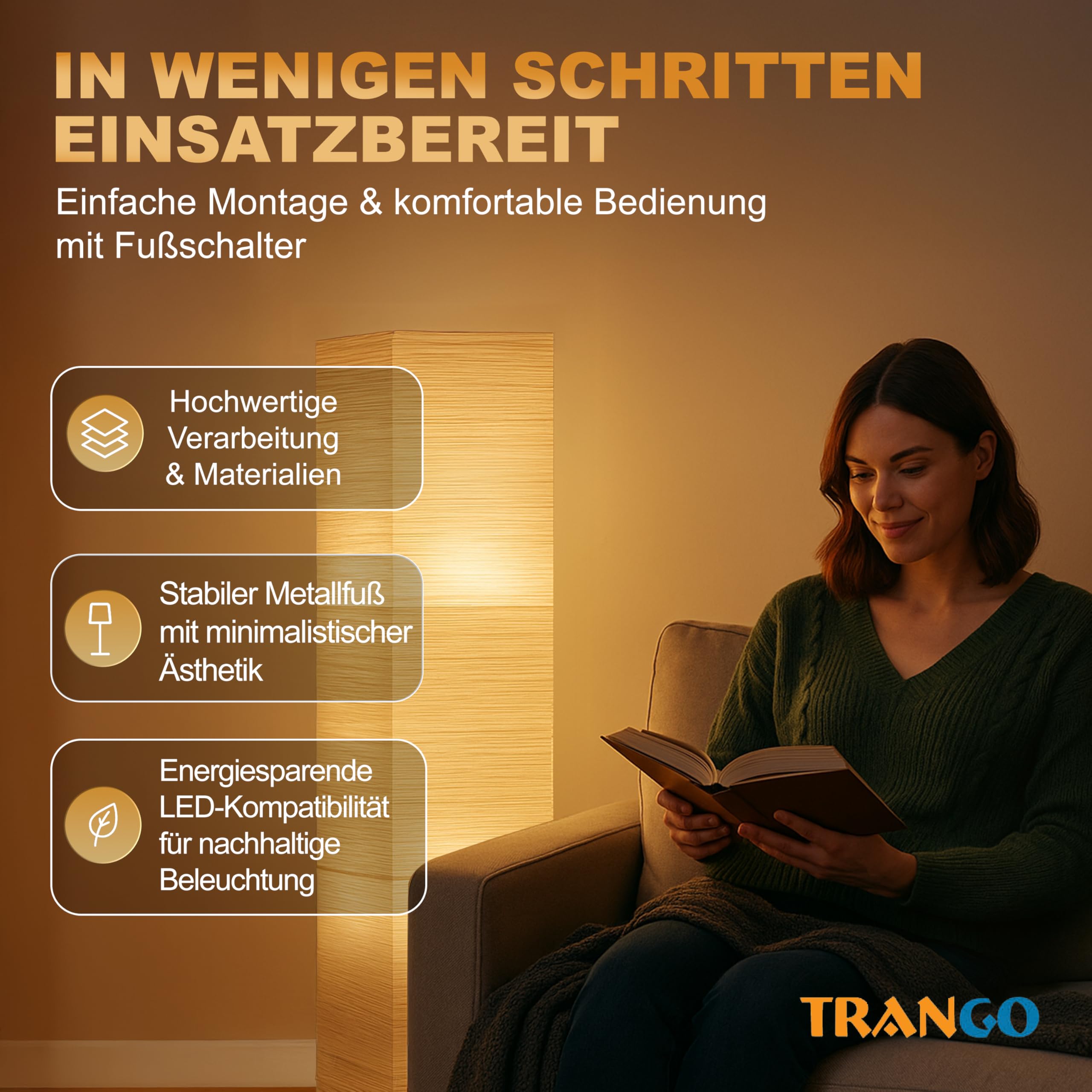 Trango LED Stehlampe OSLO 1213L – 125 cm hoch, eckig – Reispapier-Lampenschirm in Beige – inkl. 2x E14 LED 5W warmweiß – modernes Design