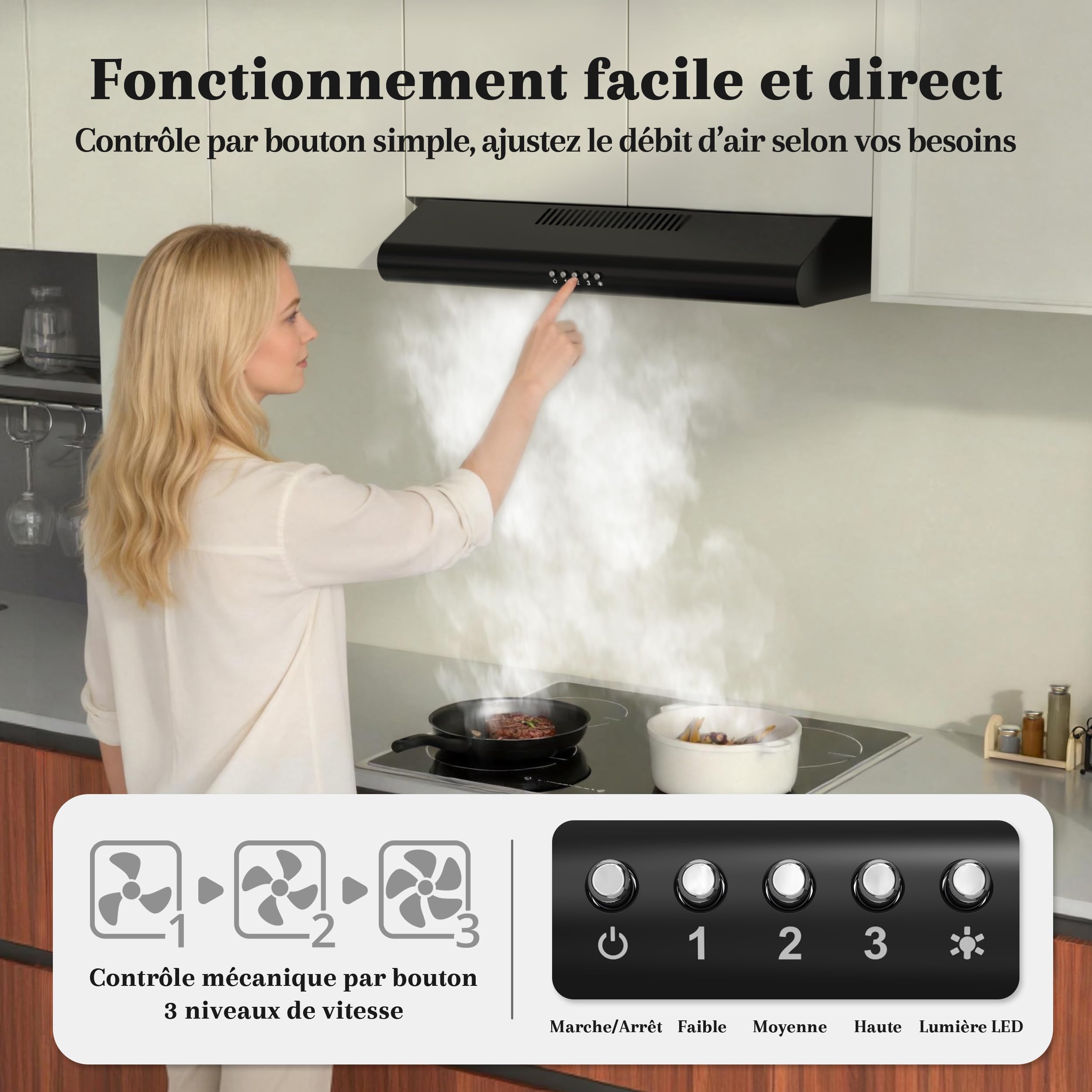 FIREGAS Hotte Aspirante 60cm Noire A++, Moteur Brushless Silencieuse 46dB, Débit 319m³/h, Hotte Cuisine avec Filtres à Charbon, Évacuation Top/Arrière ou Recyclage