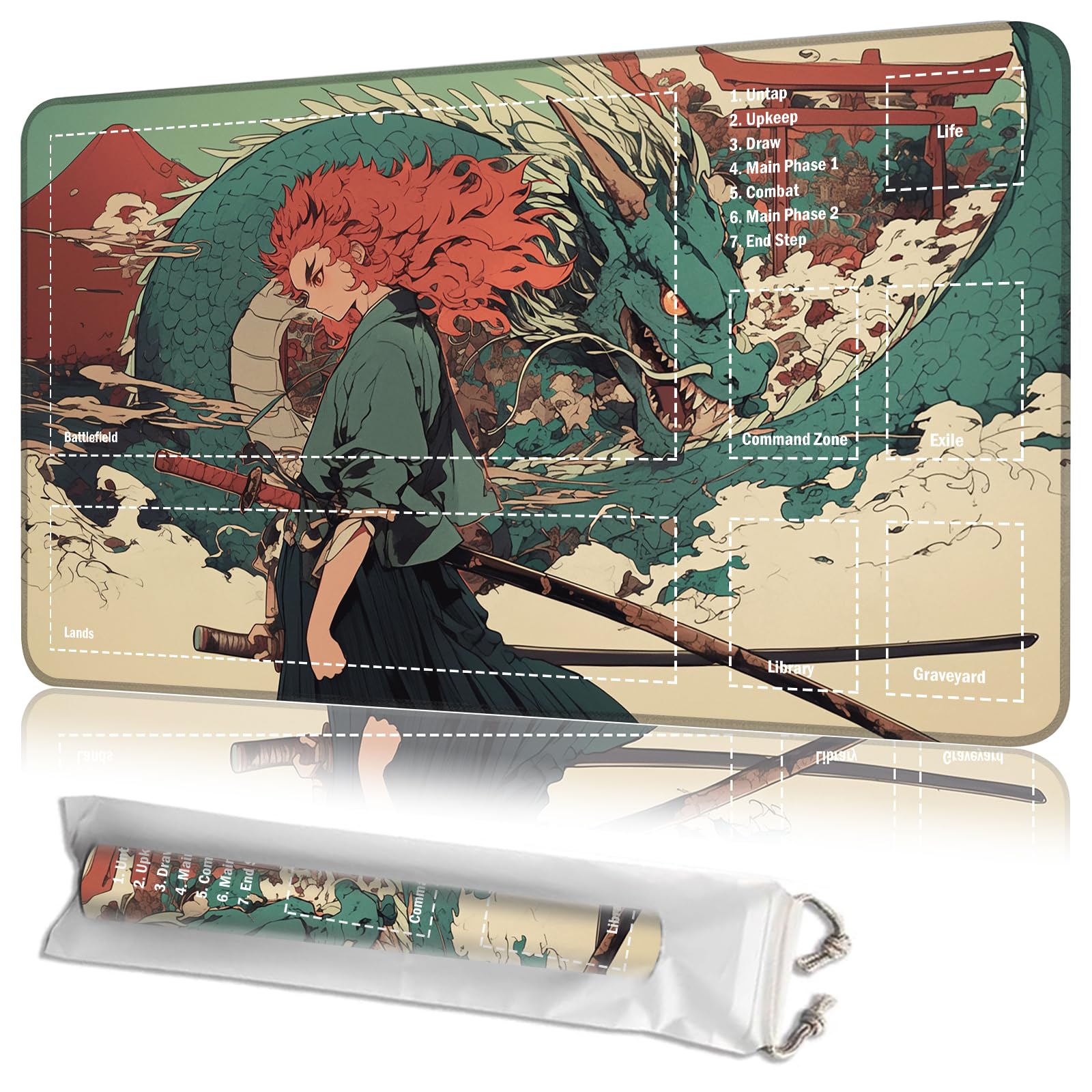 JANENFNA Playmat 24" x 14" with Magic Zones for MTG Card Game Playing, Board Game Mat for Card Breaking Commander Deck Gaming Card Game Battles Mat with Storage Bags, Dual-Sword Samurai and Dragon — image 1