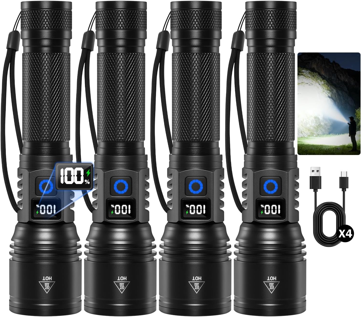Rechargeable Flashlights High Lumens, 4Pack Super Bright Flashlight Rechargeable, LED Flashlight Powerful, Handheld Tactical Flash Lights for Home Emergencies Camping Essentials, Gifts for Men