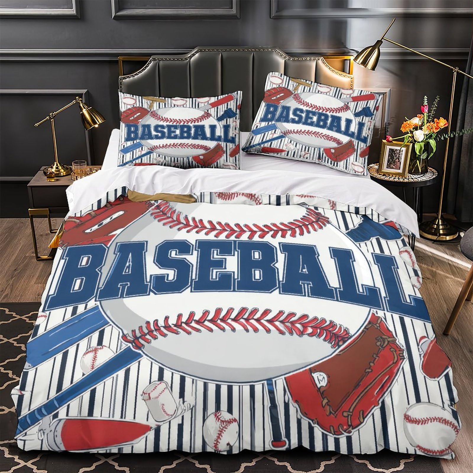 MMDASBVPE Baseball Equipment Quilt Cover 3D Print Machine Washable 3 Pieces Bed Set Hidden Zipper Comforter Cover Extra Soft Hypoallergenic for Adults Kids Teens Women Youth Single（140x200cm）