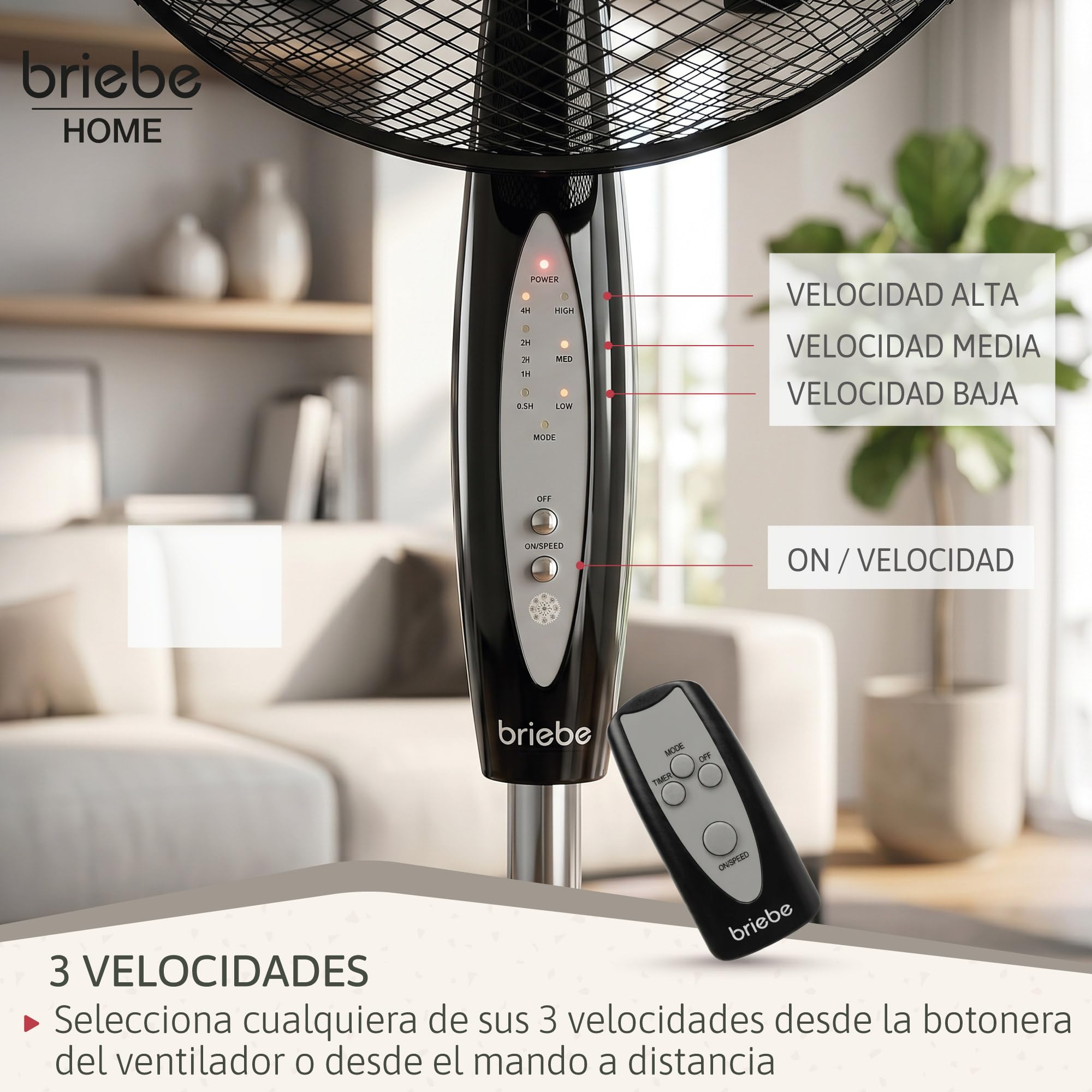 briebe Ventilador de Pie Silencioso con Mando a Distancia, 40cm, Temporizador, Oscilante, 3 Modos Funcionamiento, 3 Velocidades, Regulable Altura 100-125cm, Negro