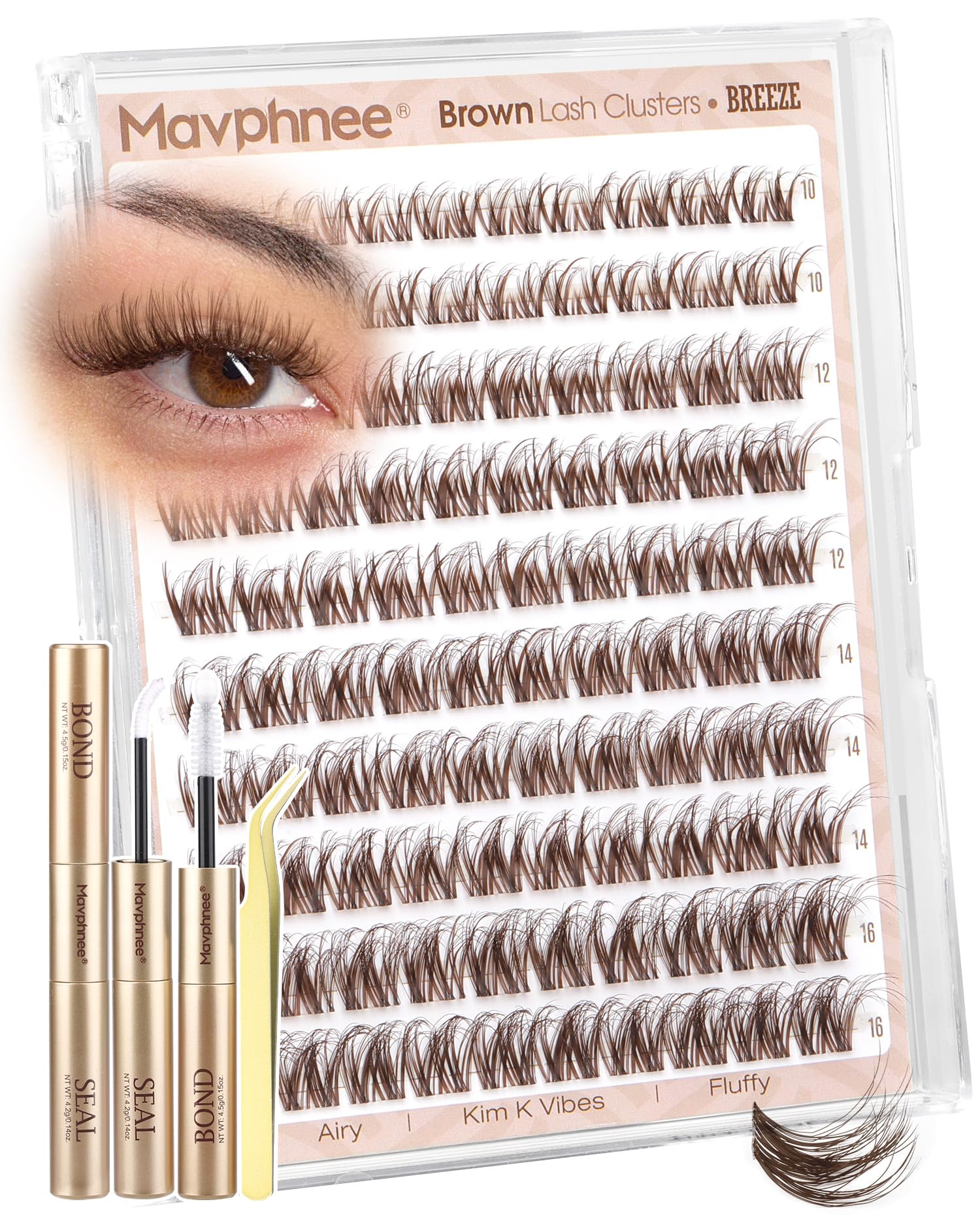 Photo 1 of Brown Lash Clusters Kit Spider Cluster Eyelash Extensions Kit Fluffy Wispy Individual Lash Extensions 10-16MM CC Curl Clear Band Eyelash Clusters with Bond and Seal Lash Glue and Applicator