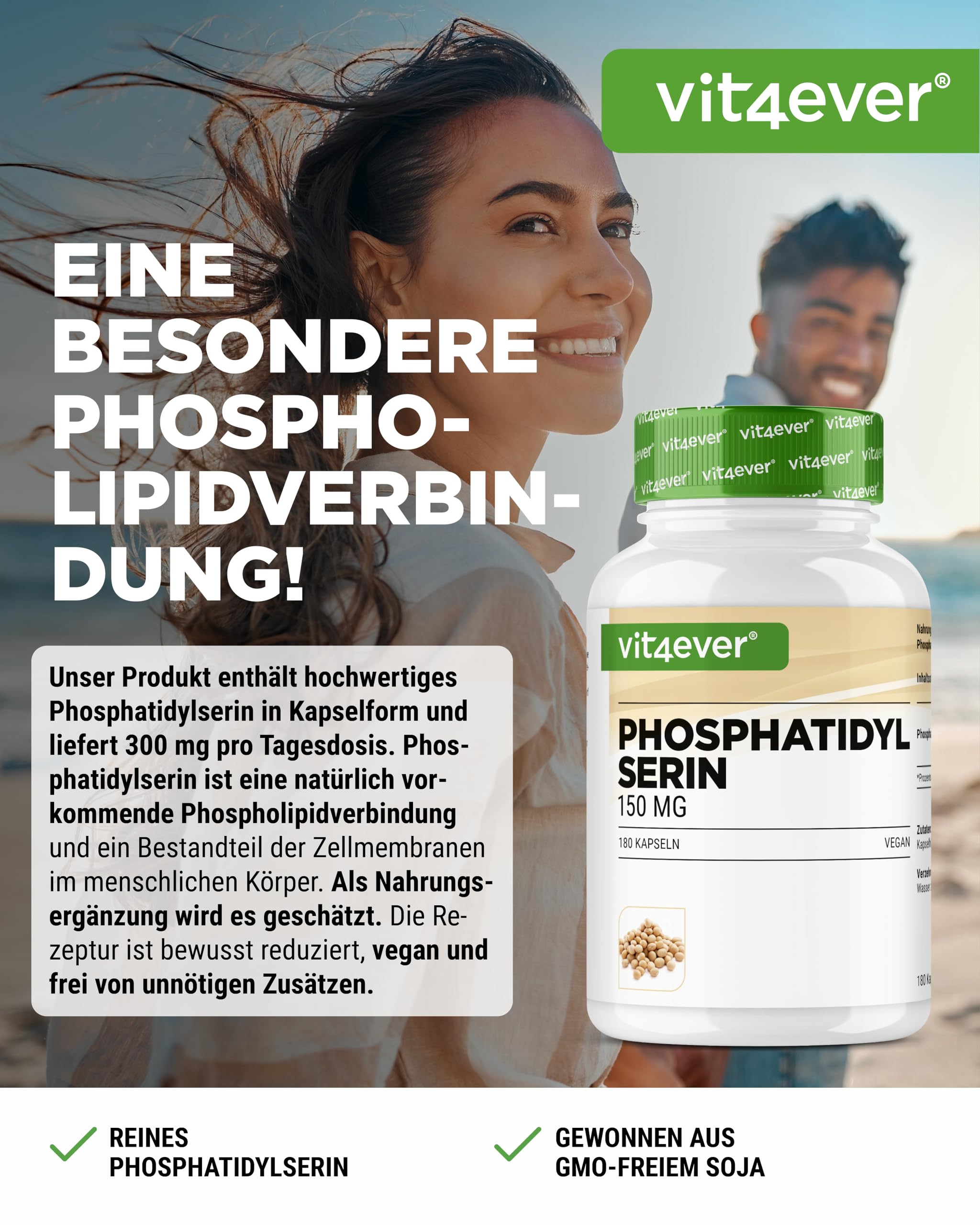 vit4ever Phosphatidylserin Kapseln - 300 mg pro Tagesportion - 180 Kapseln - Hochdosiert - PS Phospholipid - Vegan - Ohne unnötige Zusätze - Laborgeprüft