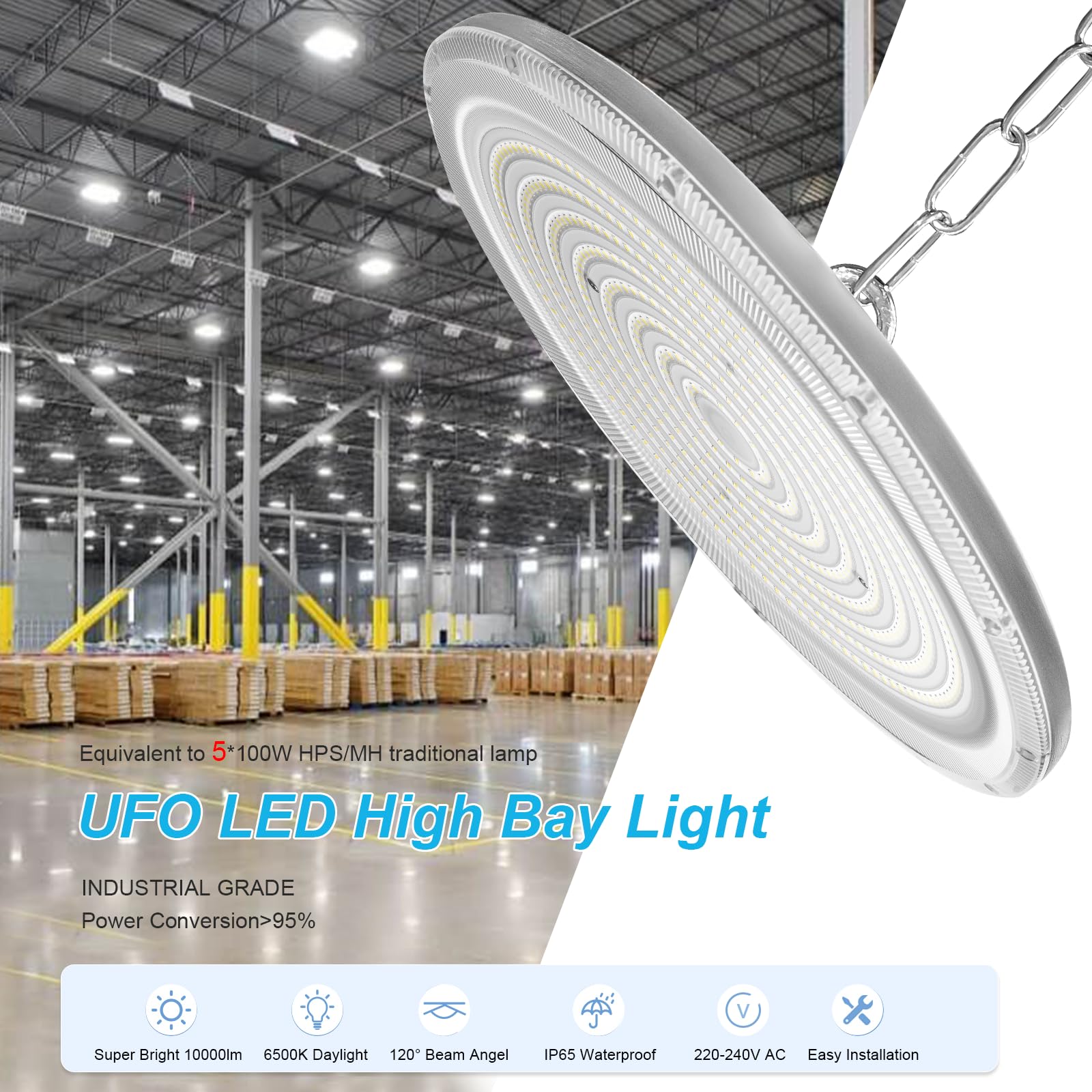 Faretto LED UFO 100W,10000LM Faretti LED Soffitto Lampadario Bianco Freddo 6500K,IP65 Impermeabile UFO Lampada Officina,Industriale Plafoniera High Bay per Garage,Magazzini,Fabbrica,Gym-4pcs
