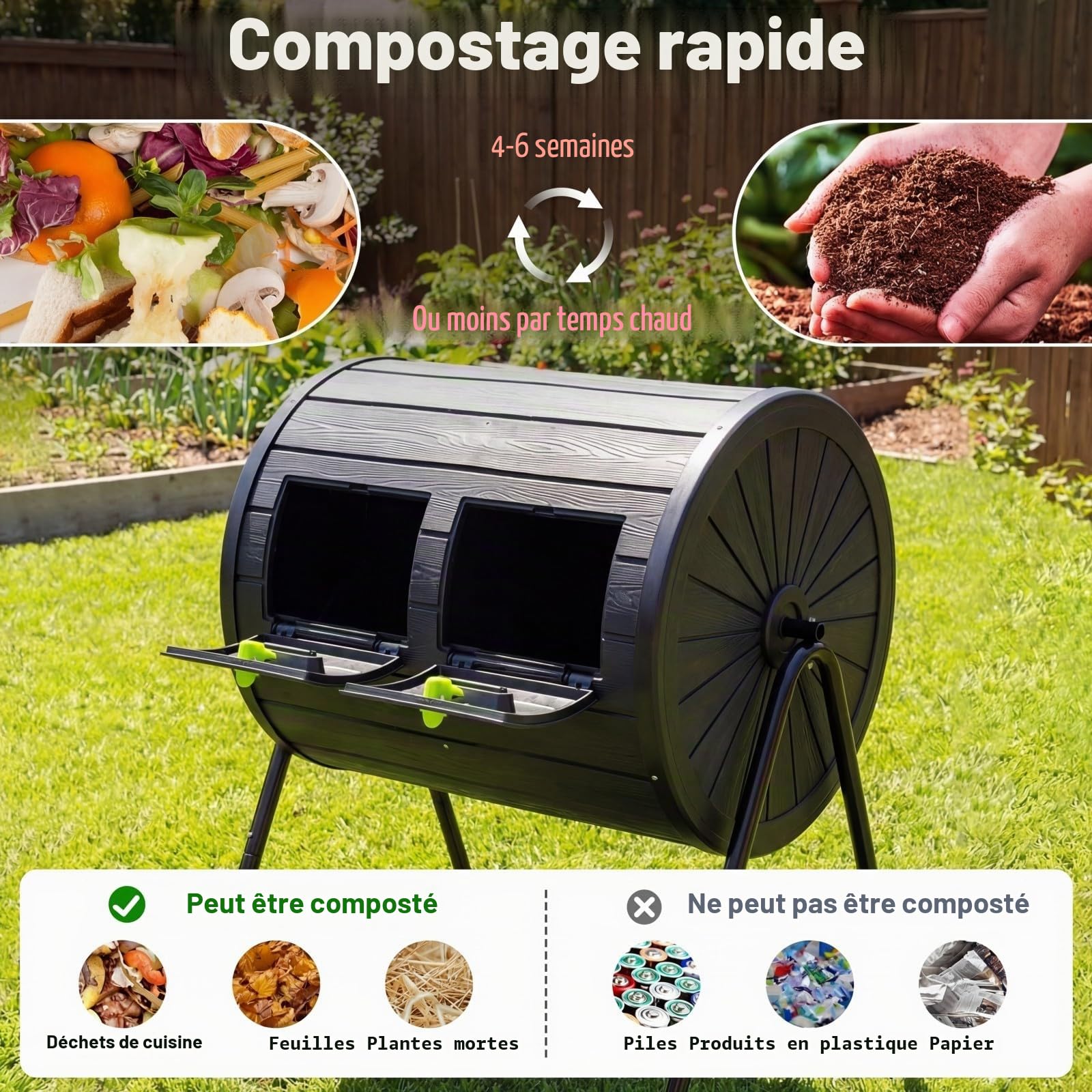 HOMASIS Composteur de Jardin Rotatif, Bac à Compost Extérieur 142 L avec Double Chambre en PP sans BPA, 2 Portes Verrouillables, Lames de Mélange, Support Métal, pour Déchets de Cuisine Jardin (Noir)