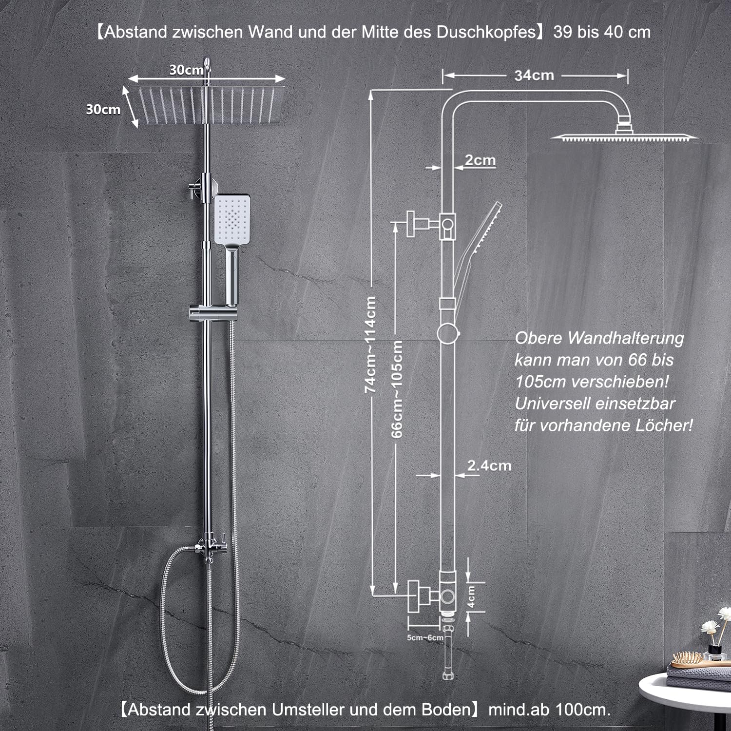 Görbach Colonna Doccia senza Miscelatore, Colonna Doccia Acciaio Inox con Saliscendi Doccia Altezza Regolabile 74-114cm, Set Doccia a Pioggia con Doccetta e Mensola, Soffione 30x30cm, Cromo