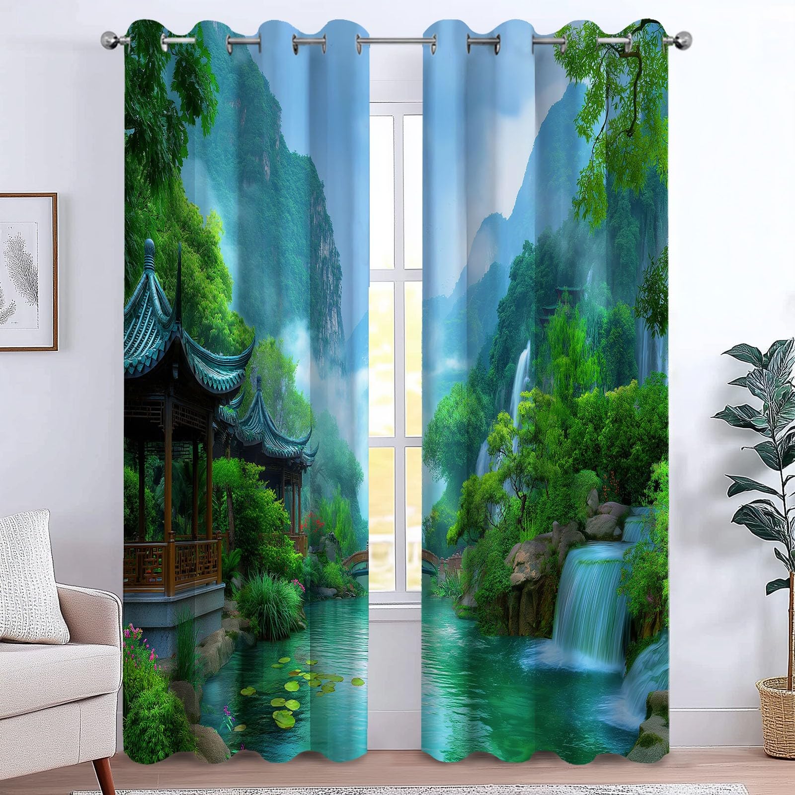 Generico 110 x 215 cm zestaw 2 paneli zasłon do wnętrz, anime krajobraz las pawilony nieprzezroczyste zasłony sypialnia salon zaciemniające, niebieskie zasłony dla chłopców i dziewcząt
