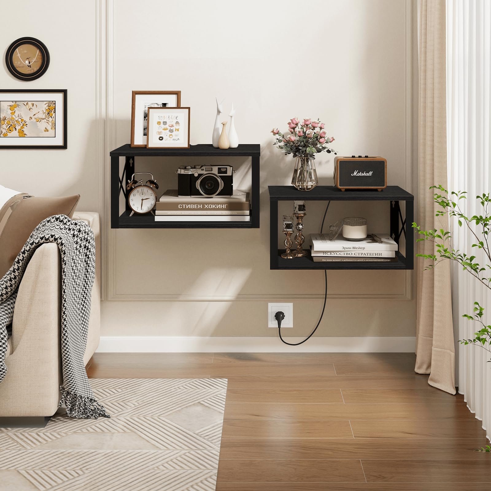5 Best Floating Nightstands for Small Bedrooms (2026) 3 Homode Floating Nightstand, 2 Tier Wall Mounted Nightstand with Cable Hole, Wood — product photo