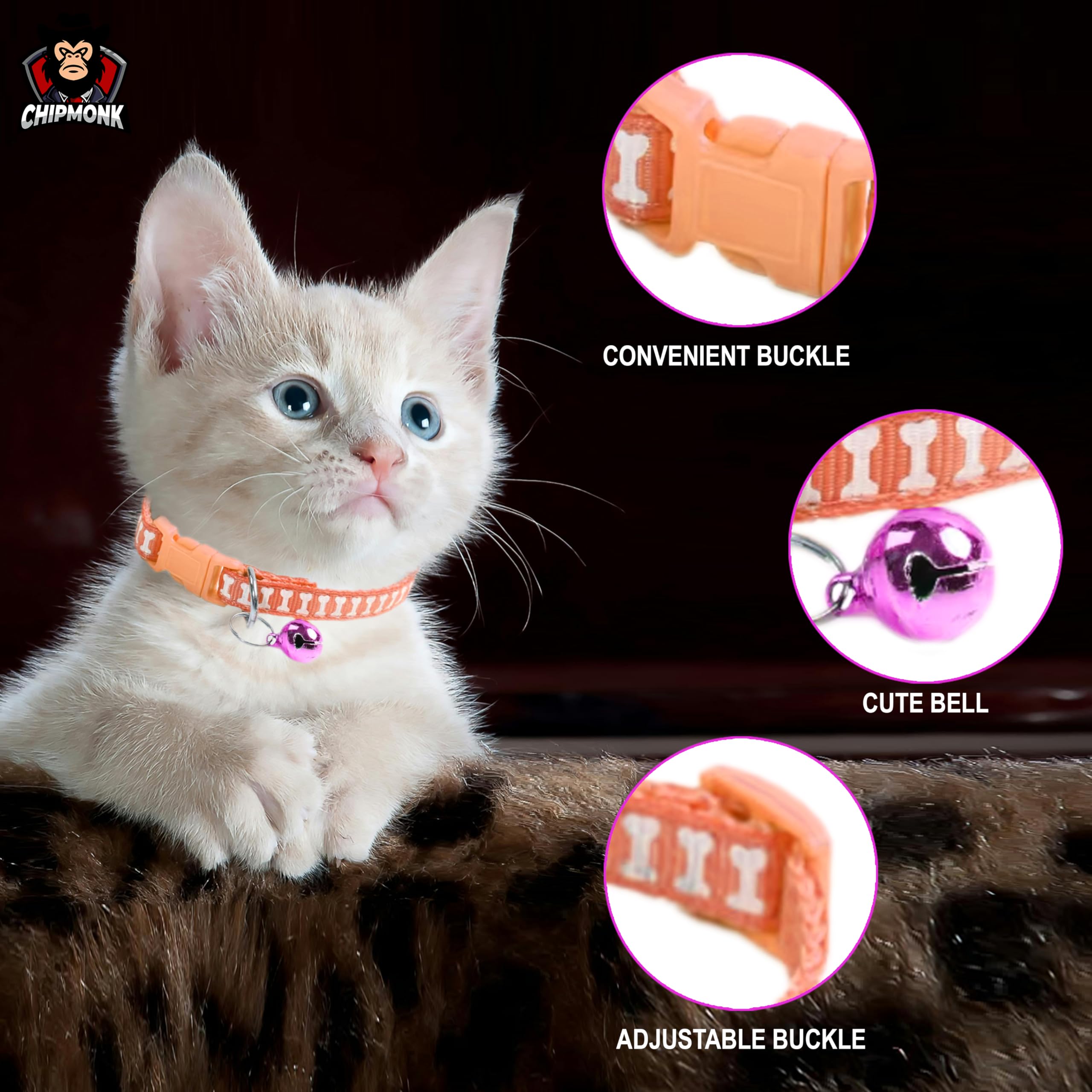 Chipmonk Cat & Puppy Collar with Bell,Kitten & Small Dogs Soft Adjustable,Safe,Solid & Protective Breakaway for Cats & Puppies,Cute Kitty Neckband with Multi Bones Print-(Orange) 1