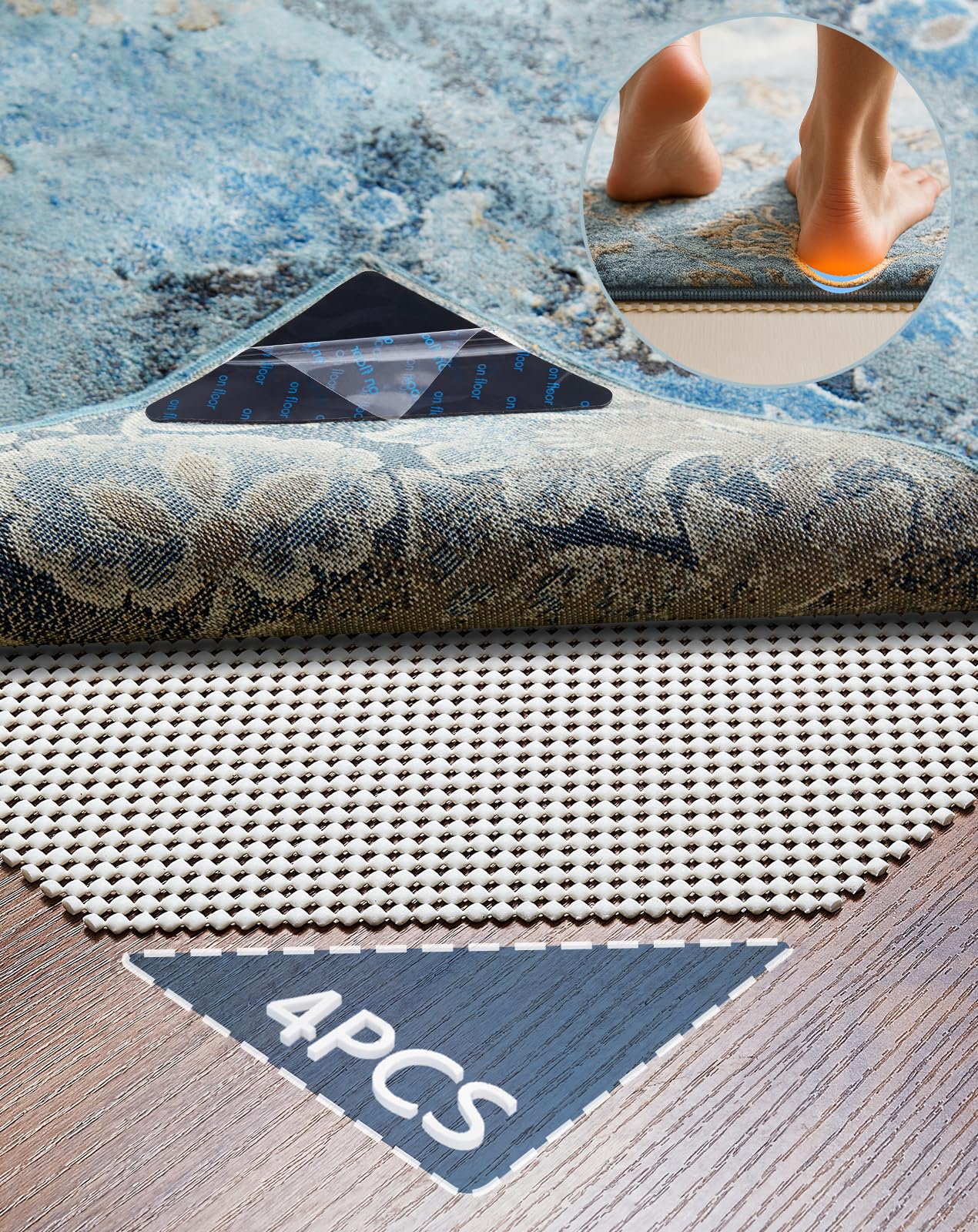 Veken Rug Gripper Pad for Hardwood Floors Tile Floors, 4 Pcs Rug Tape, Thick Cushion Non Slip Rug Pads for Area Rugs, Under Carpet Anti Skid Mat, Keep