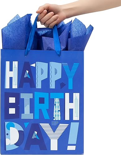 Miniatura 6 de Juego de bolsas de regalo azules grandes de 13 pulgadas con tarjeta de felicitación y papeles de seda (feliz cumpleaños azul) para fiestas de