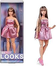 Muñeca Barbie Looks, Coleccionable No. 24 con Cabello Castaño y Moda Y2K Moderna, Vestido Sin Mangas Rosa Brillante con Tacones de Puntita