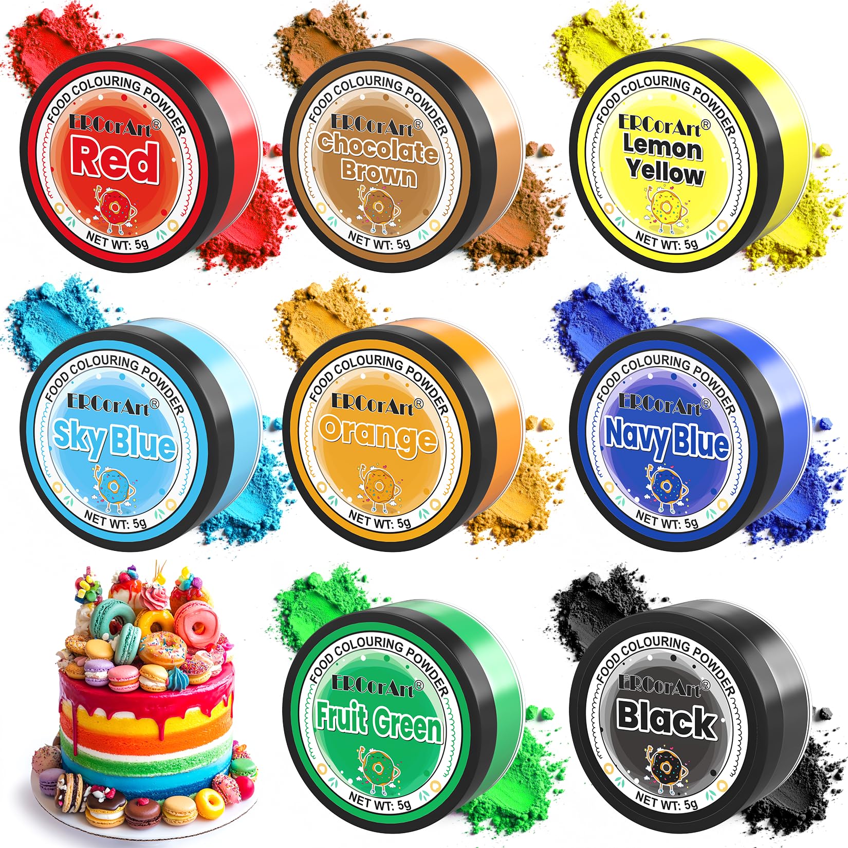 Food Colouring Powder - ERCorArt 8 Colours Upgrade Food Colouring Dust, High Bright Food Dye, Edible Paint for Cake Decorating, Icing, Baking, Desserts - 5 g (Each)
