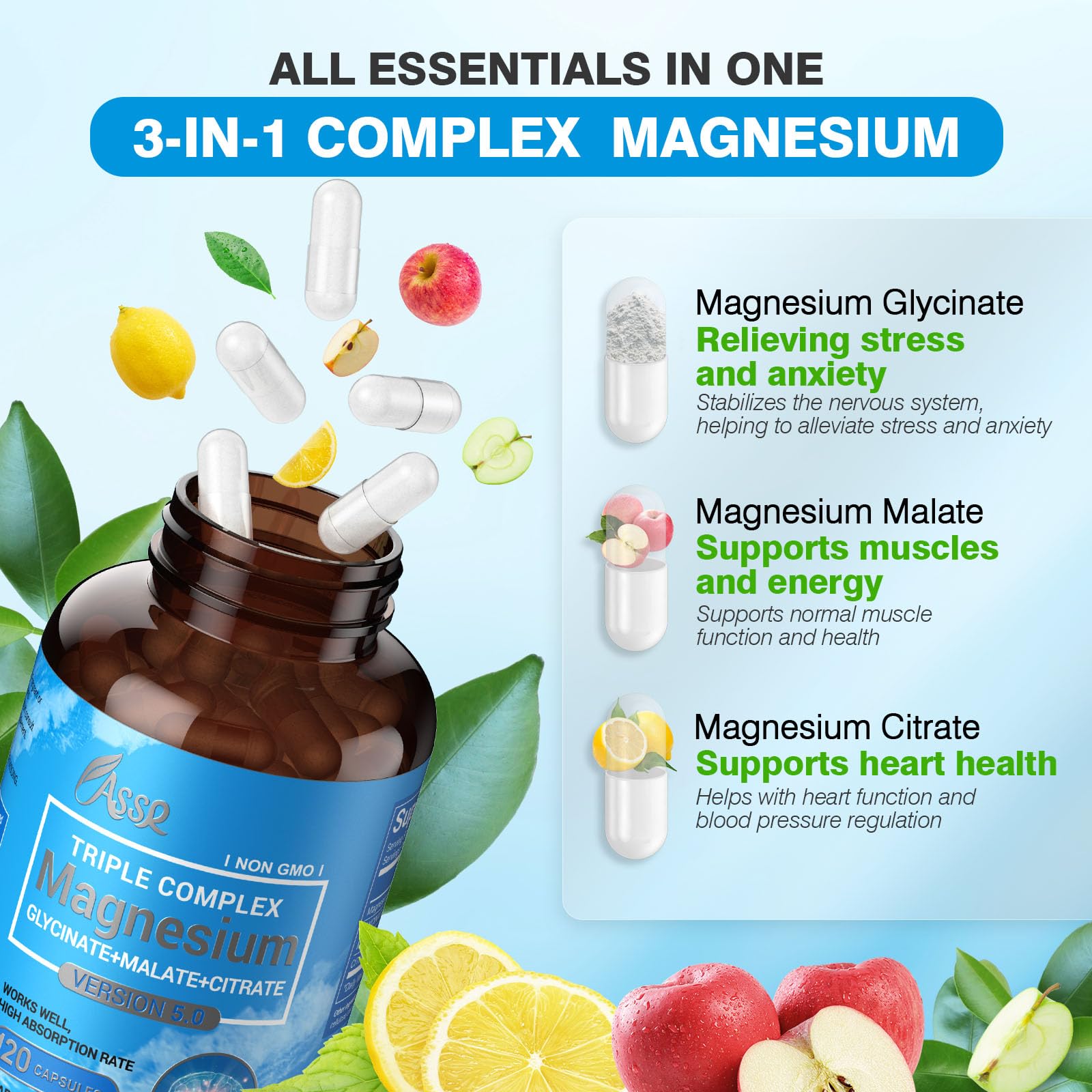 ASSR Triple Magnesium Complex - 300mg Pure Ocean Magnesium Glycinate & Magnesium Malate & Magnesium Citrate for Sleep, Energy, and Relaxation Support, High Absorption, Vegan, Non-GMO, 120 Capsules — Amazon image 3