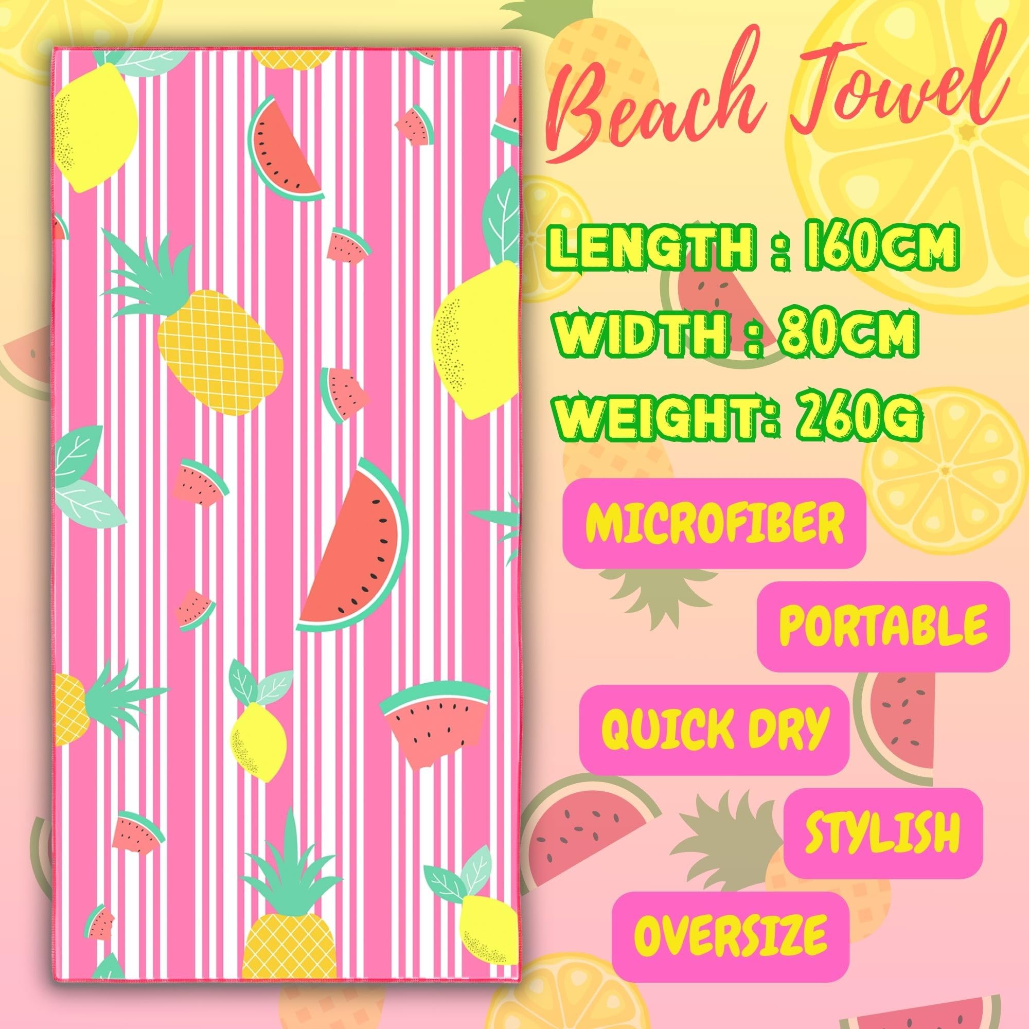 Serviettes De Plage Microfibre Lubibi X2 - 80x160cm - Séchage Rapide Anti-Sable - Pastèque Et Citron